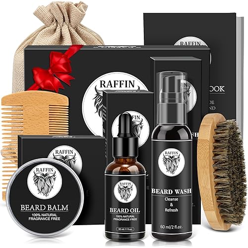 Mens Gifts - Beard Kit with Oil, Balm, Brush, Comb, Scissors, E-book, Outfits Men's Grooming Routine, Anniversary & Birthday Gifts for Men, Him, Husband, Boyfriend, Son, Male Friend, Brother, Dad