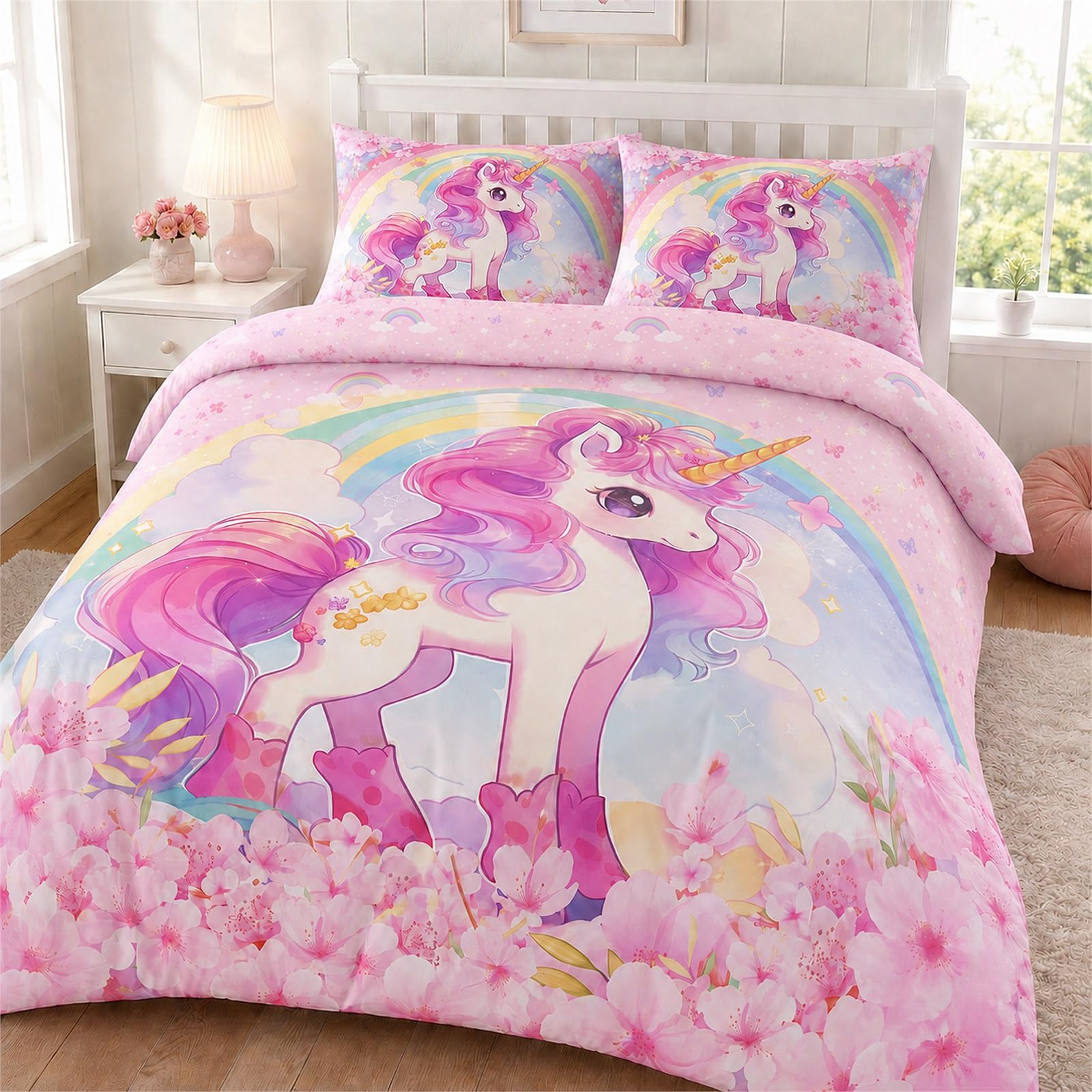 Vryxel Girls Kids Unicorn Rainbow Bedding Double Duvet Cover Set Bed Zipper Purple Pink 200 x 200 CM