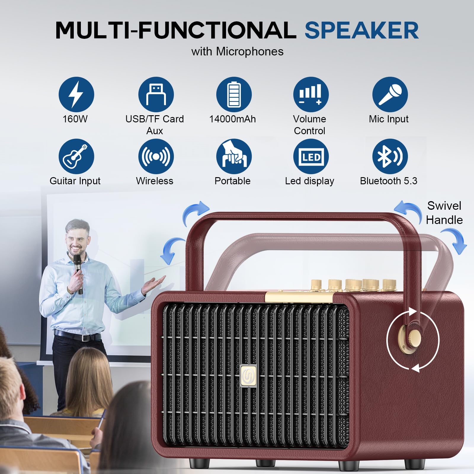 320W Potenza di Picco Macchina per Karaoke per Sistema di Cassa Portatile Bluetooth Regolazione Bassi/Acuti con 2 Microfoni Wireless UHF per Feste a Casa, Matrimoni, Eventi All'aperto