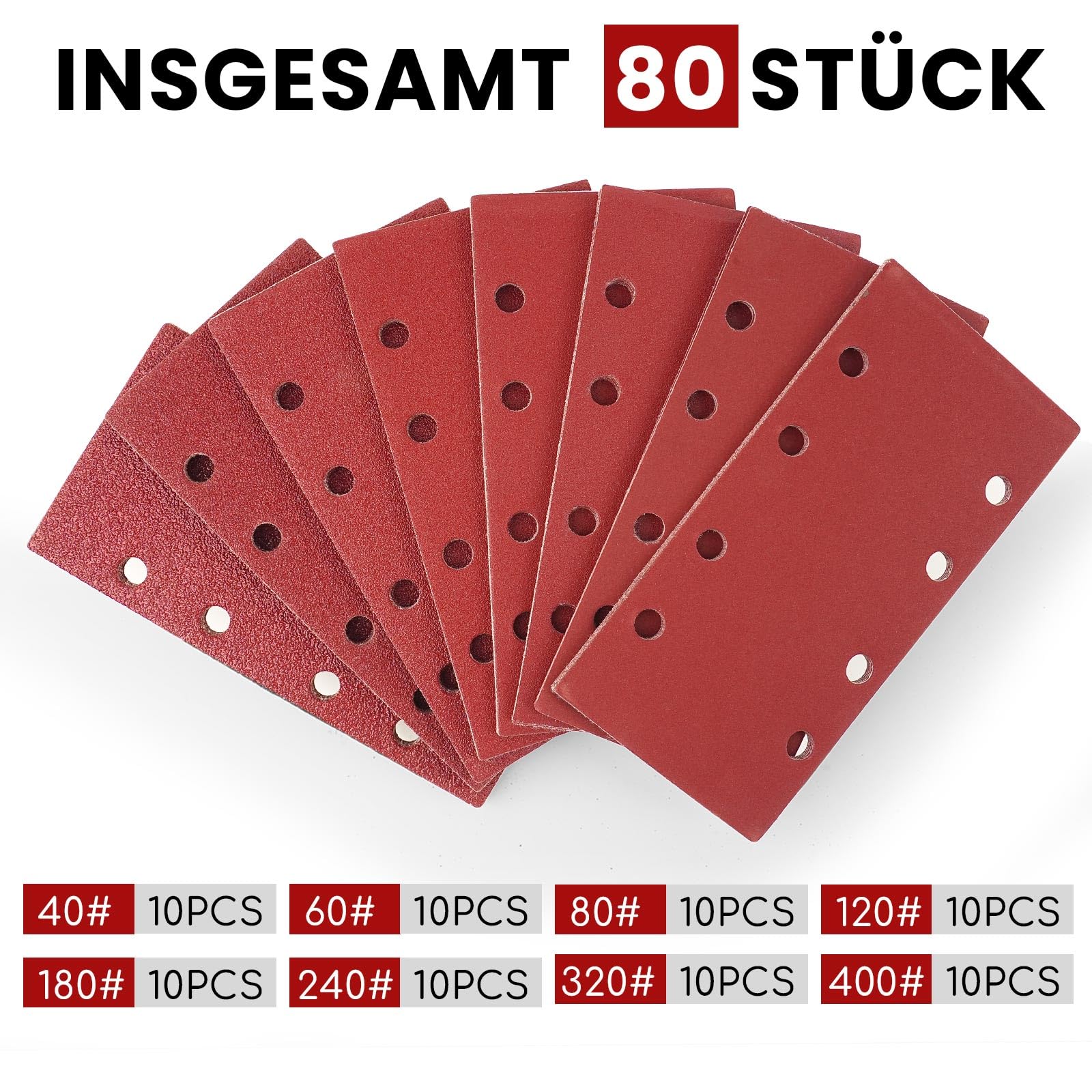 Zestaw 80 sztuk papieru ściernego, 93 x 185 mm, 40/60/80/120/180/240/320/400, arkusze szlifierskie, 8 otworów, do szlifierek oscylacyjnych, prostokątnych, do drewna, metalu, lakieru, szlifowania