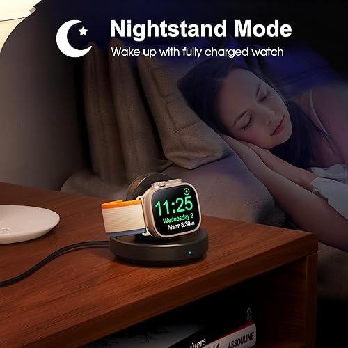 Miniatura 6 de Base de carga magnética portátil para Apple Watch, soporte inalámbrico de cargador rápido con cable de carga, modo de mesita de noche, compatible