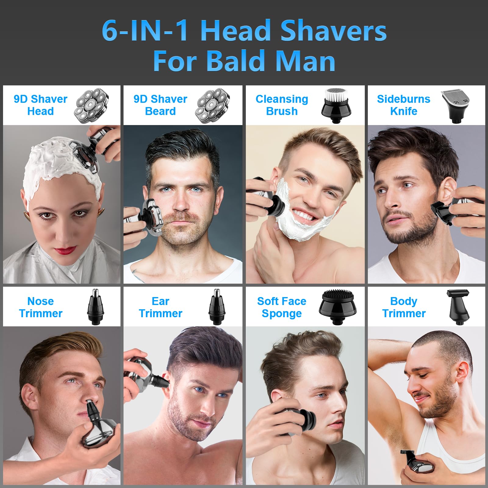 Afeitadoras de cabeza 9D para hombres calvos, maquinilla de afeitar eléctrica 6 en 1 para hombres, inalámbricas, recargables e impermeables, con batería grande, pantalla LED, afeitado húmedo/seco