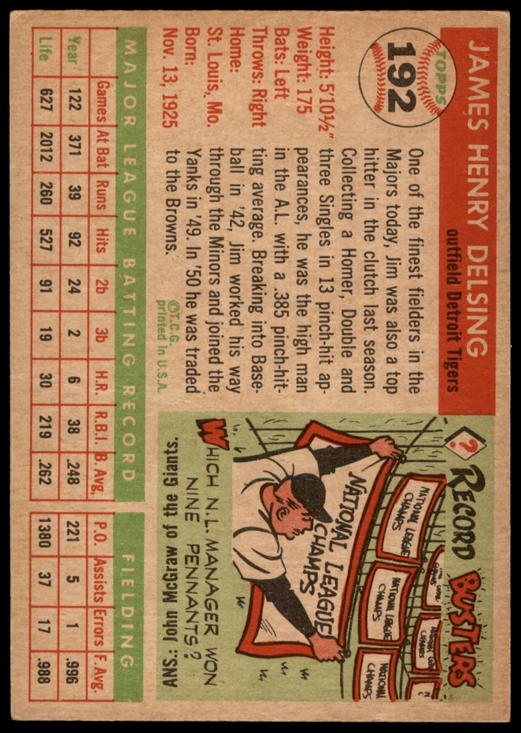 1955 Topps #192 Jim Delsing Detroit Tigers (Baseball Card) VG Tigers