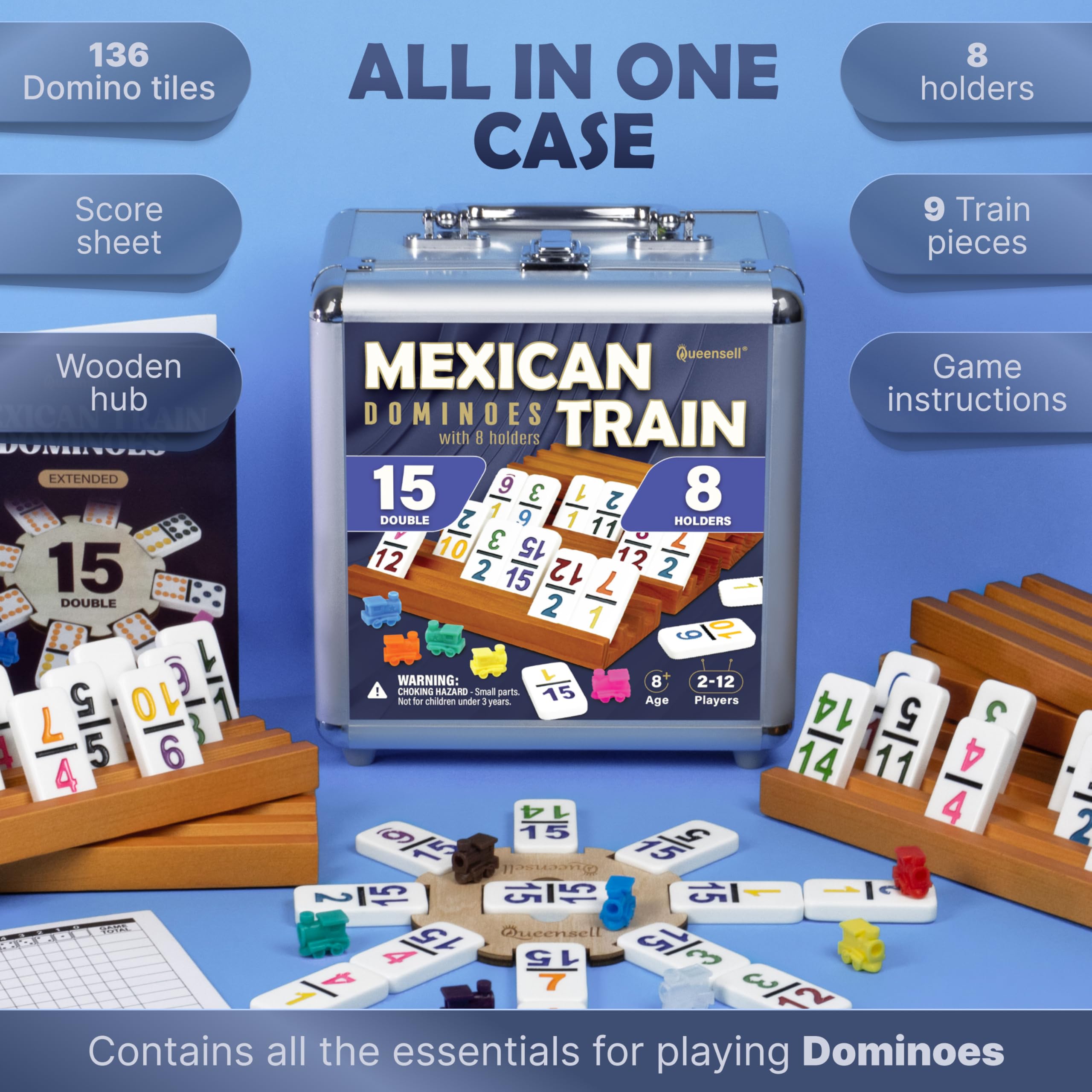Queensell Set domino a forma di treno messicano, doppio 15 numerato, con 8 supporti
