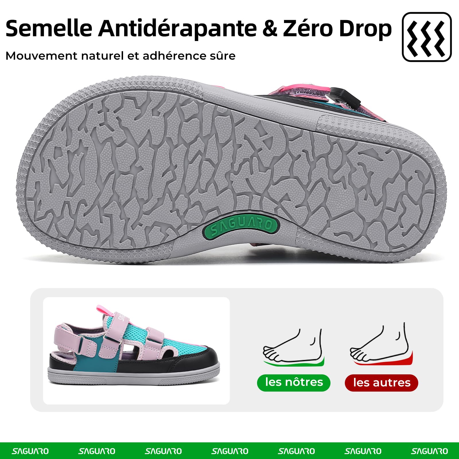 SAGUARO Sandales Barefoot Enfant à Bout Fermé Chaussures d’Été Respirantes avec Scratch, Bout Large et Zéro Drop
