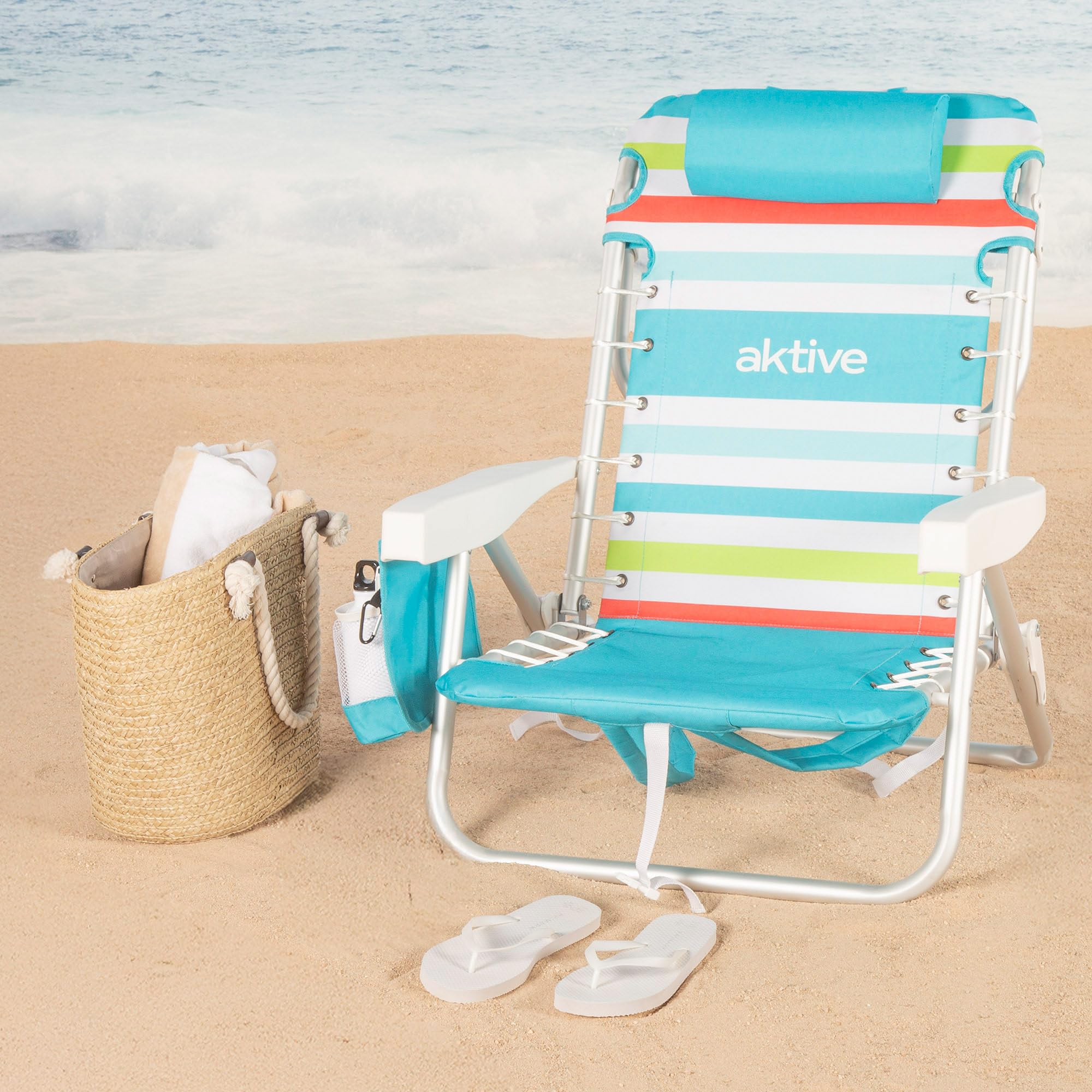 AKTIVE Silla de Playa Plegable, Multicolor, 50x53x77 cm, 5 Posiciones, Aluminio y poliéster, Soporta 110 kg, Bolsillo Lateral y Trasero, Nevera Trasera, Cojín, Transporte Mochila (62544)