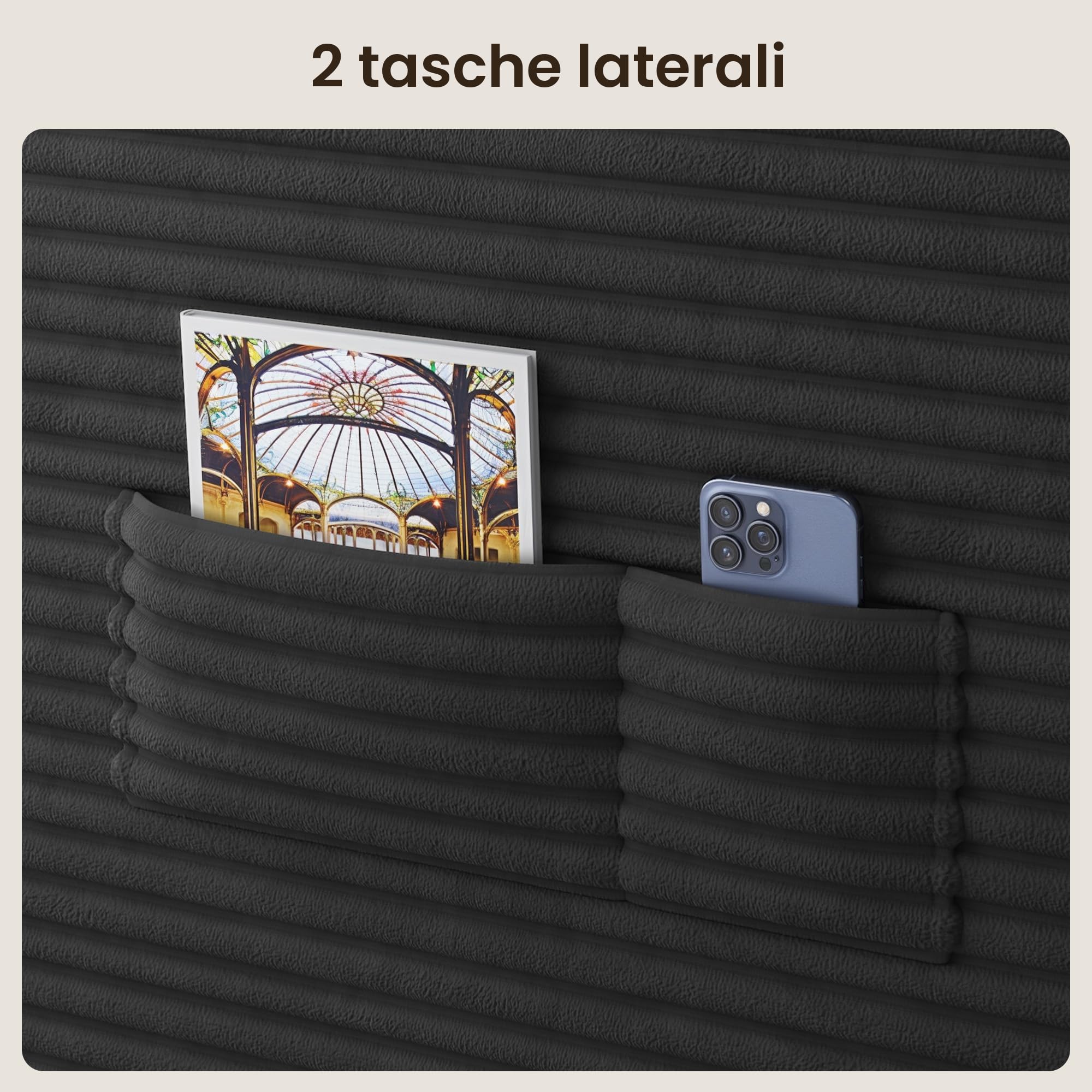 Xbro Divano Angolare a L 3 Posti Componibile, Divano con Chaise Longue Sinistra in Velluto a Coste, con Tasche Laterali e Cuscini, per Soggiorno Appartamento, 250x160x62 cm, Grigio Scuro