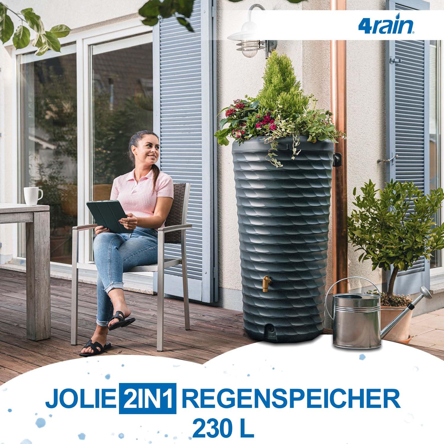 4rain Jolie 2in1 Regentonne 230 Liter Graphite Grey inkl. Pflanzschale | dekorative Lösung für nachhaltige Gartenbewässerung mit Auslaufhahn in Messingoptik und wetterfester Bauart für draußen