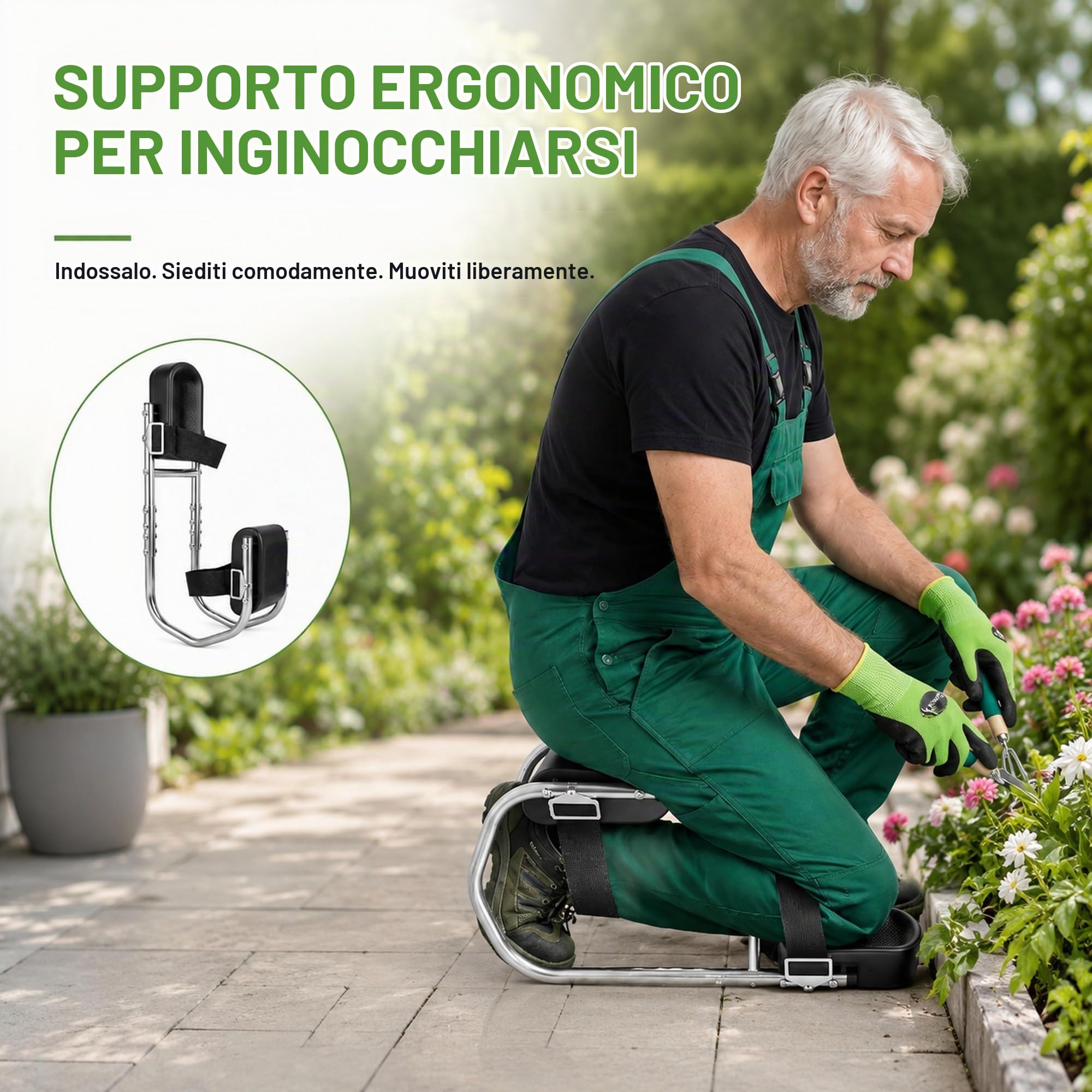 Ginocchiera per giardinaggio, sedia in ginocchio con funzione di seduta, sgabello da giardino, regolabile, portatile, comfort per ginocchia da 160-195 cm di altezza, protezione per ginocchia