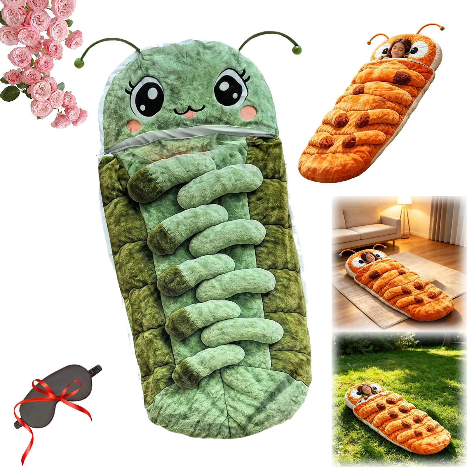 Hugging Caterpillar Sleeping Bags – Plush Cocoon Full-Body Lounger, Indoor Nap Pod, Pull Cord Hugging System, Cozy Reading Nest, Soft Convertible Sleeping Bag, Travel & Indoor Use