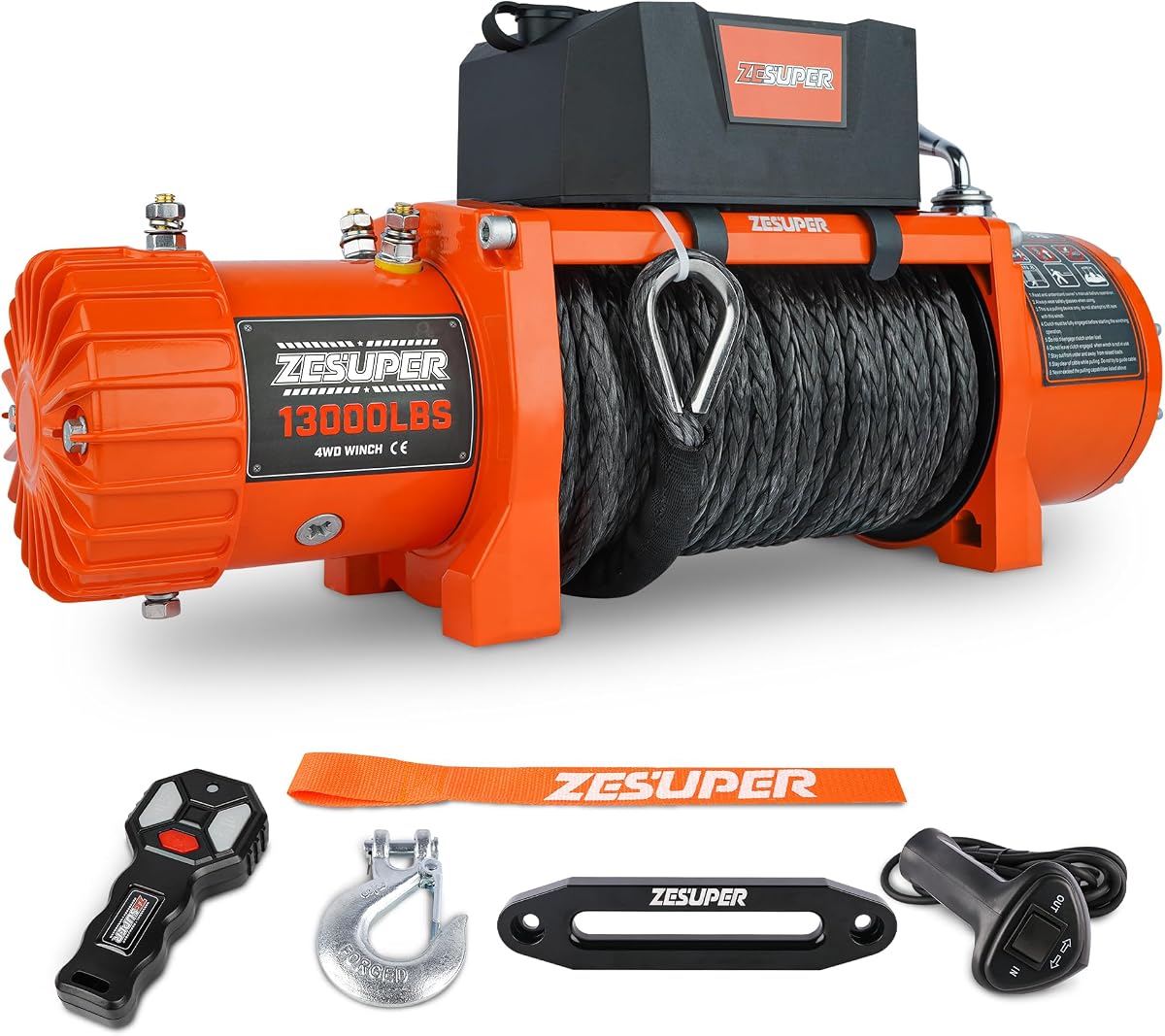 ZESUPER 13000 lb Electric Winch 12V Waterproof IP68 for Jeep Truck Trailer | Heavy Duty Off Road Winch for Mud Snow Recovery, 80FT Synthetic Rope Winch with Corded Control & Wireless Remote for Towing