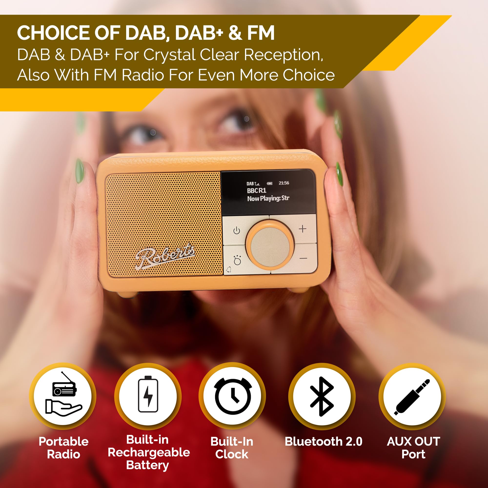 Roberts Revival PETITE2 - Radio Digital FM/Dab/Dab+ con Bluetooth, Color Amarillo Sunburst
