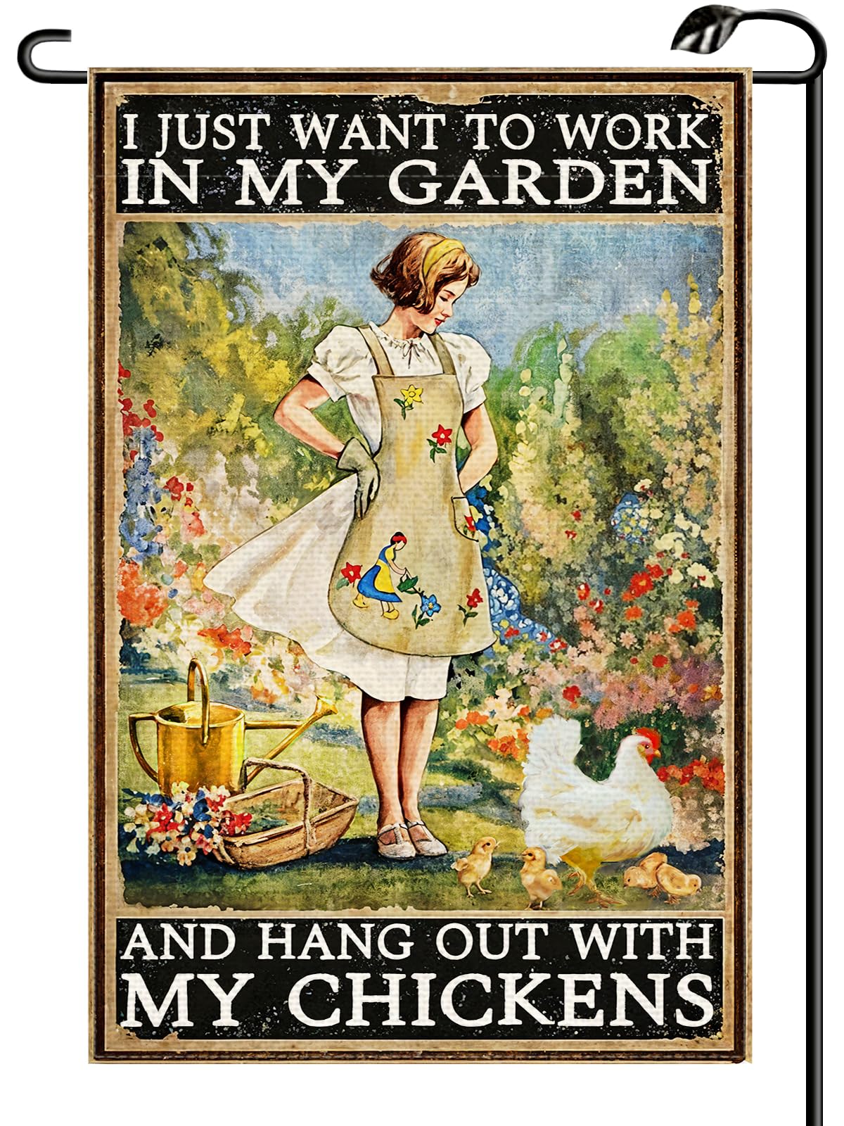 I Just Want to Work in My Garden and Hang Out with My Chickens Garden Flag 12x18 Inch Double Sided Rustic Small Flags Chicken Coop Sign Farmhouse Outside Decoration For Yard (ONLY FLAG) RC11