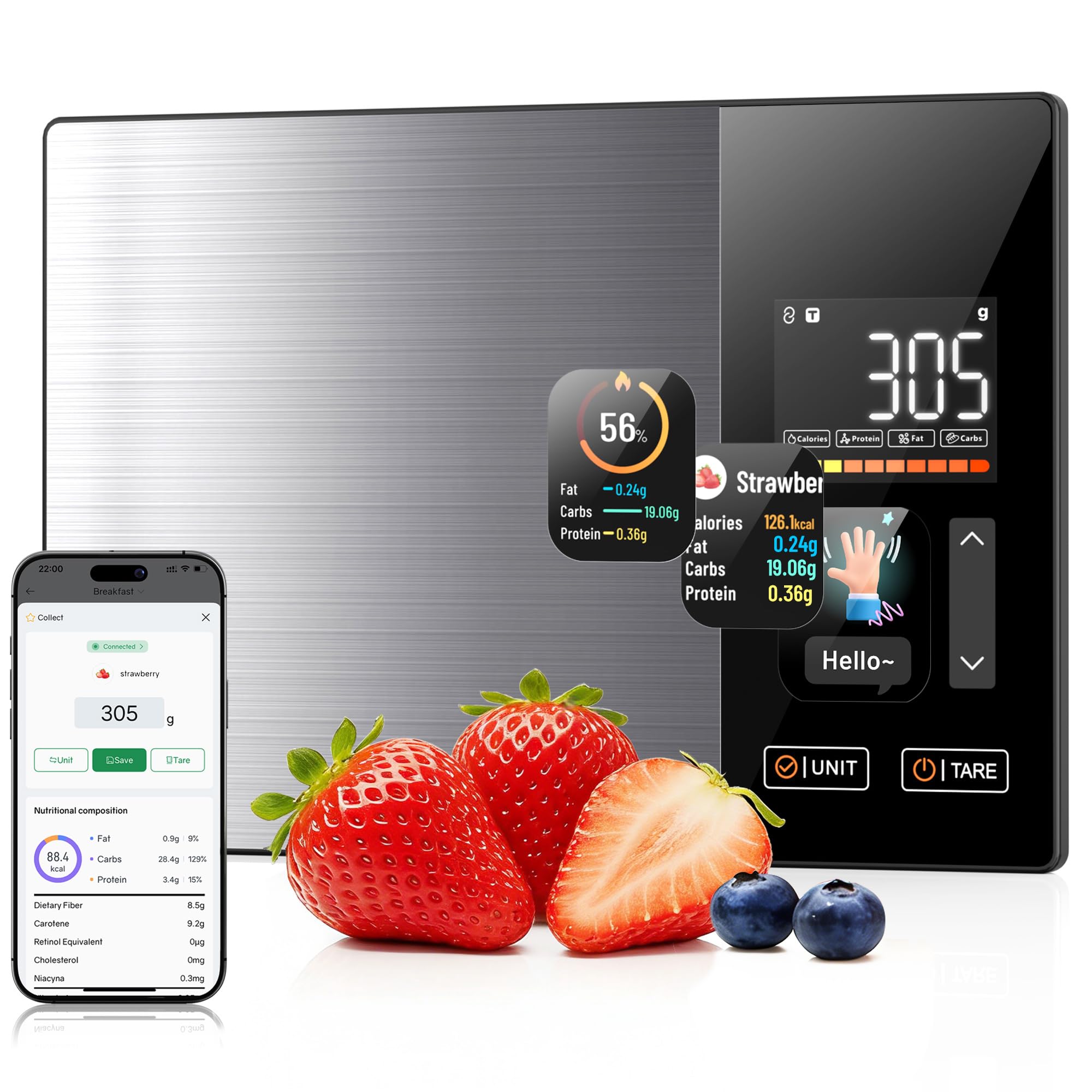 Intelligente Lebensmittelwaage mit Kalorienzählung, Lebensmittelwaage mit kostenloser App und Bluetooth, verfolgt 23 Nährstoffe, Dual-Display mit Nährwertinformationen, Offline-Modus – für