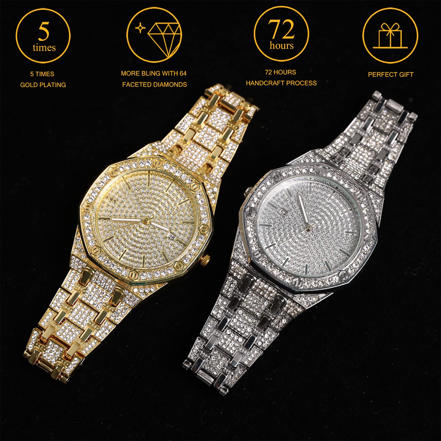The Elite - Reloj de diamantes para hombre, chapado en oro real de 18 quilates, chapado en oro blanco platino y diamantes helados, esfera octogonal de 1.57 pulgadas de ancho, pulsera de 8.7 6