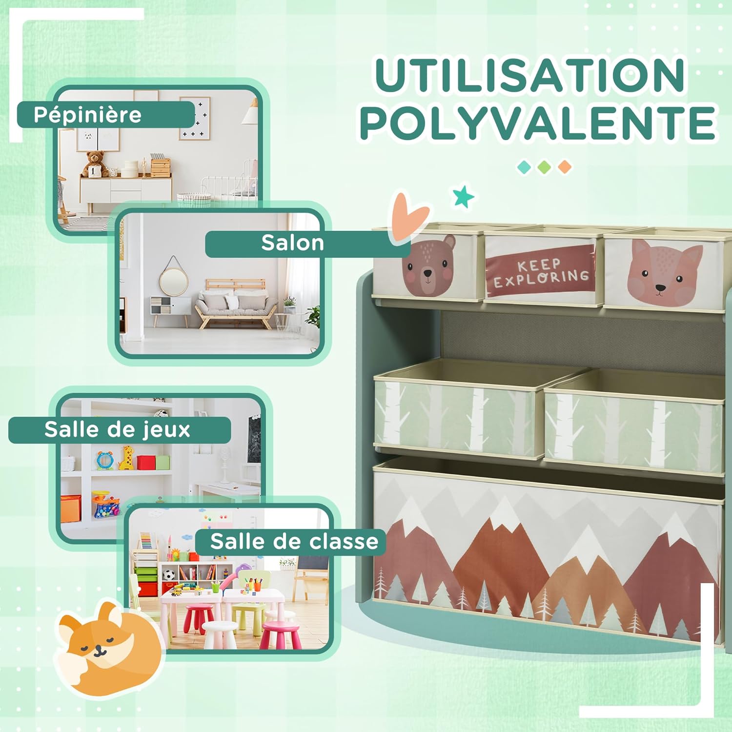 Image illustrating the large storage capacity of the unit with various items in the bins