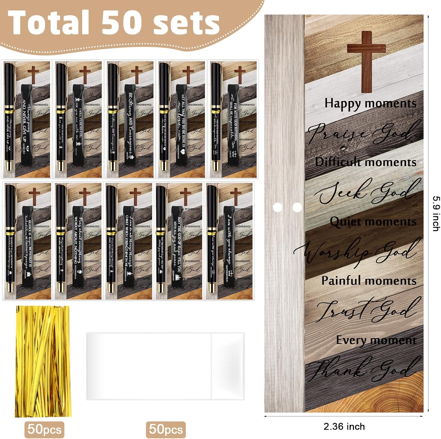 Spakon 50 Sets Christian Gifts Bulk Bible Verses Pens Christian Silicone Bracelets Religious Paper Bookmarks for Women Men Sunday School Church Priest Mother's Father's Day (Black,Classic)