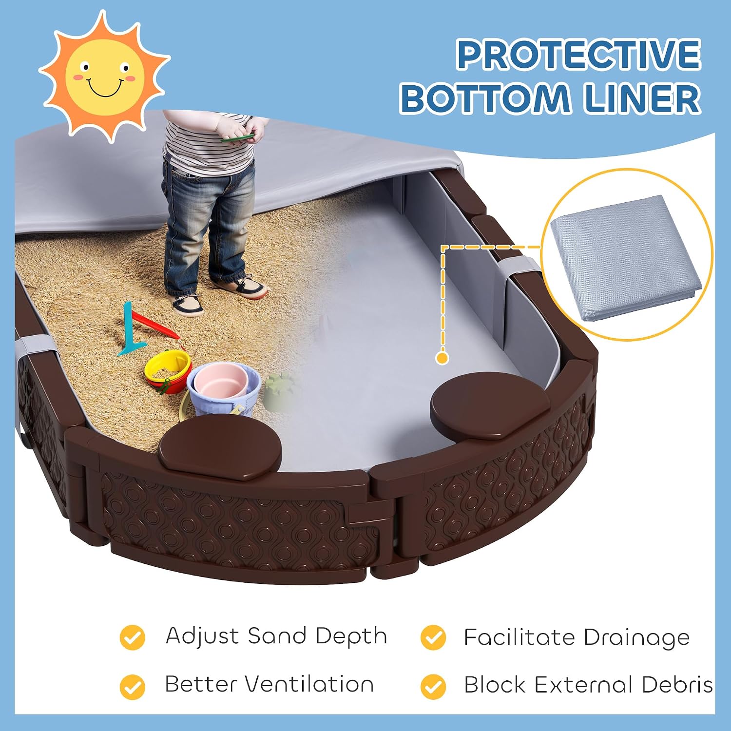 Qaba Kids Sandbox with Cover, Oval 71" HDPE Large Sand Pit with 4 Seats, Waterproof Bottom Liner, Weather Resistant Outdoor Sand Box for Backyard, Lawn, Garden, Beach, Patio, Brown