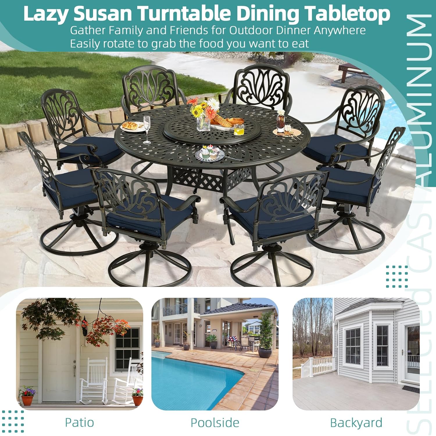 MEETWARM 9-Piece Outdoor Patio Dining Set, All-Weather Cast Aluminum Patio Conversation Set- 8 Cushioned Swivel Rocker, 61" Round Patio Dining Table w/Detachable Lazy Susan/Umbrella Hole, Navy Blue
