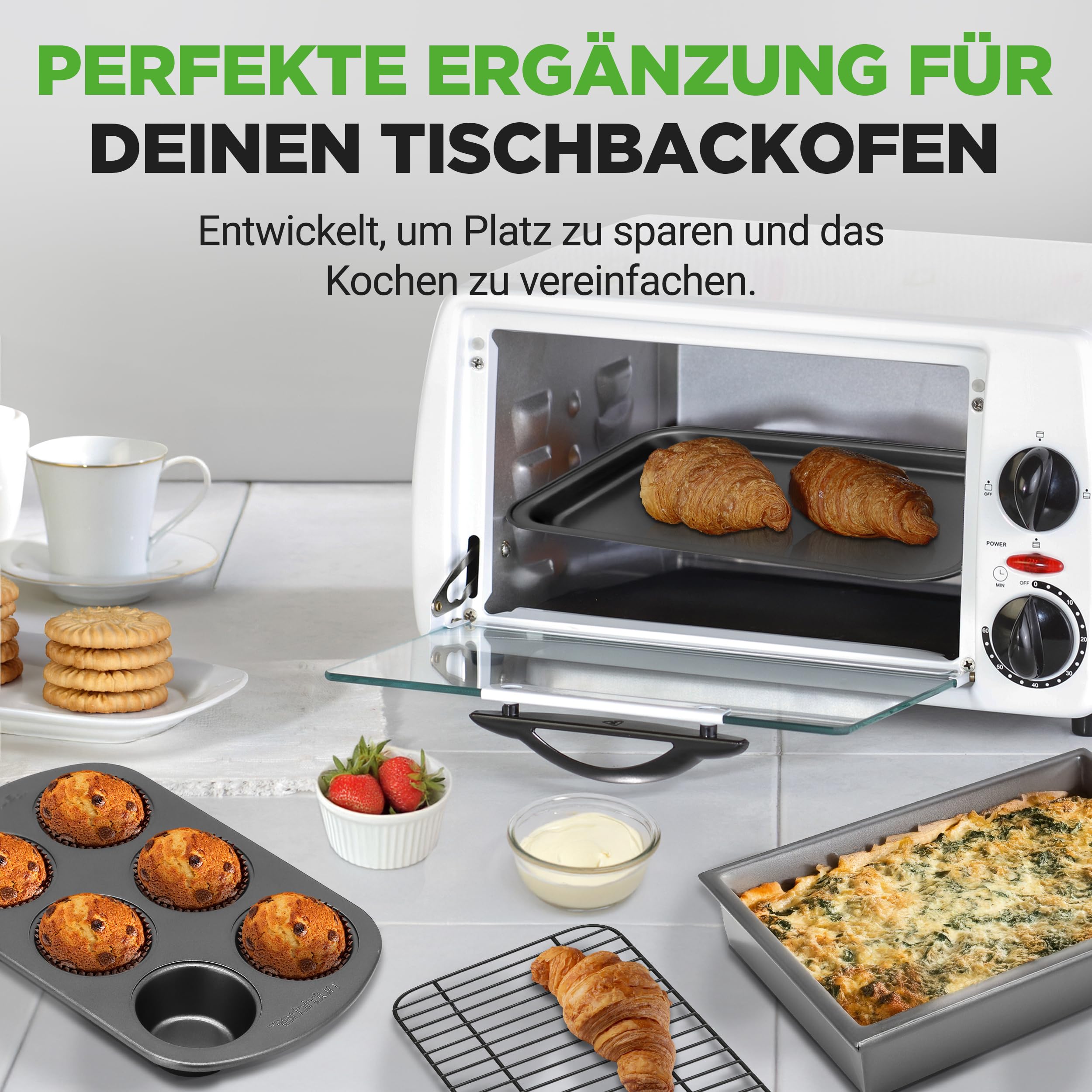 NutriChef Backform Set – 6-teiliges Antihaft Backblech und Muffinblech aus Karbonstahl, stapelbar und spülmaschinenfest, für Kuchen, Muffins und Brot, platzsparend für Toasterofen und kleine Küchen
