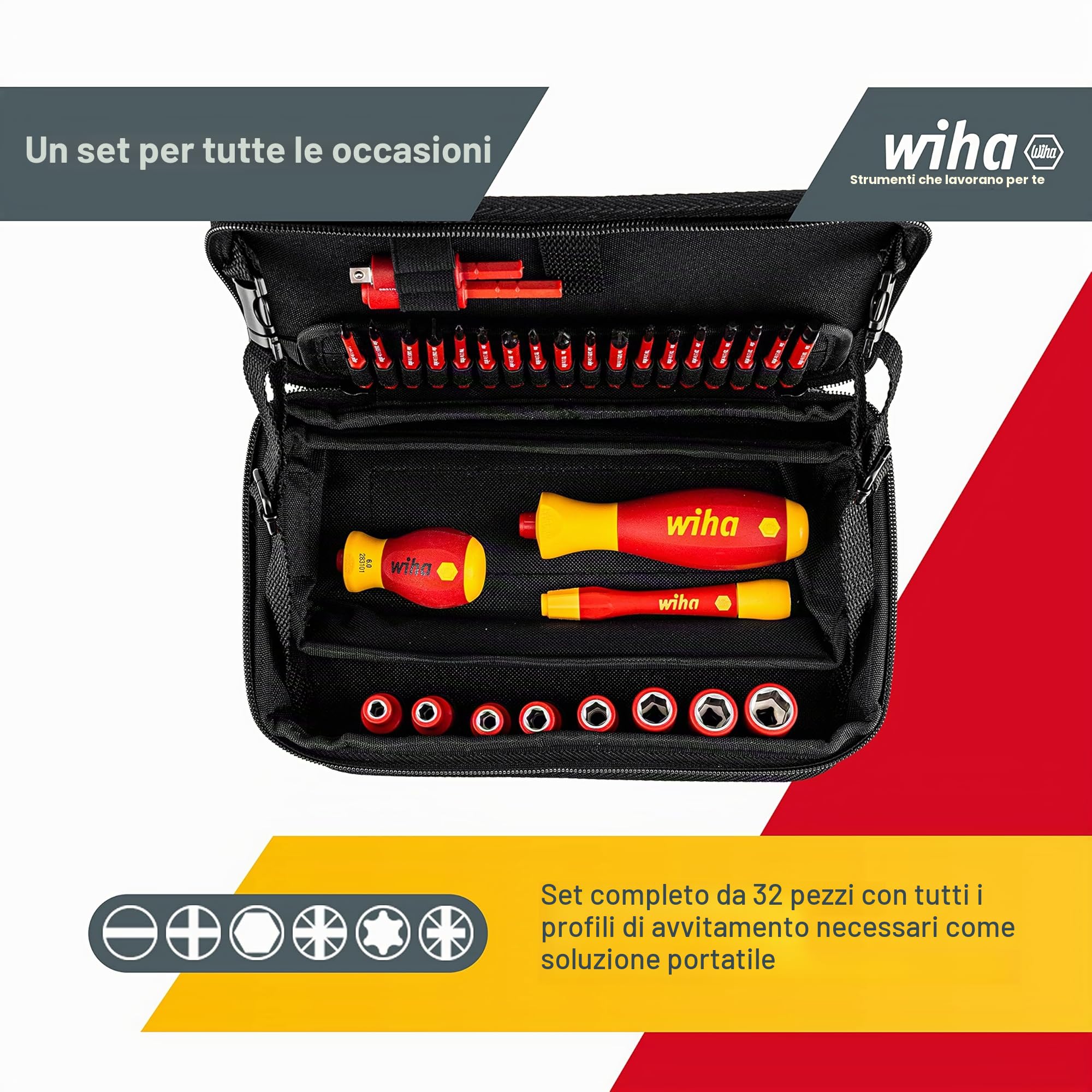 Wiha Juego de herramientas slimVario® electric en surtido de 32 uds. incl. bolsa funcional (43465) | (43465) Con borsa funzionale & chiavi a bussola isolate, slimBits, impugnatura cacciavite VDE, stubby, PicoFinish®