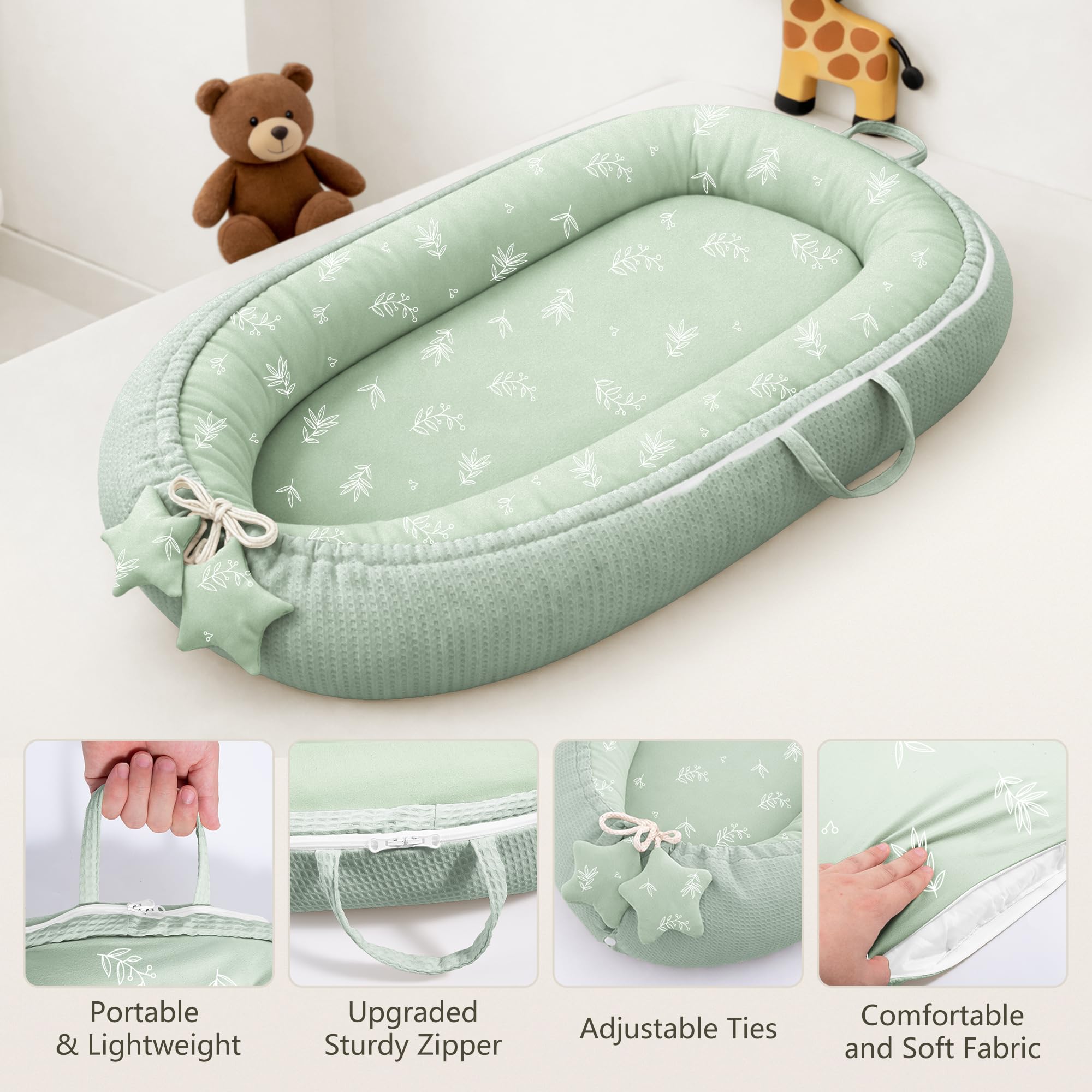 Susurration Baby-Nestchen für Neugeborene, tragbare glatte Mikrofaser, Baby-Liege, Schlafkissen, Baby-Essentials Geschenke für Jungen und Mädchen, Zuhause und Reisen (grüner Bambus)