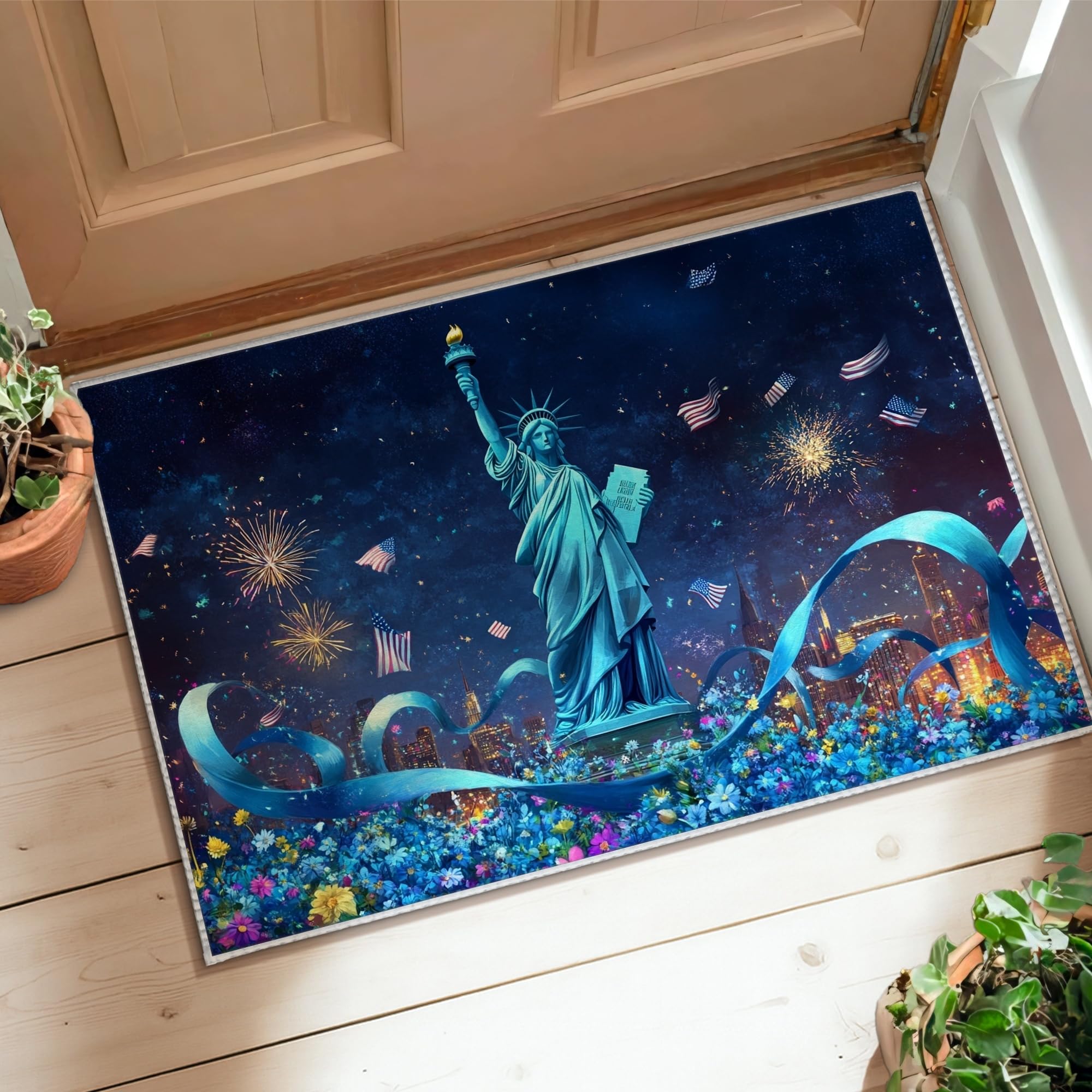 Tapis statue bleu au motif de feux d'artifice chic pour votre entrée