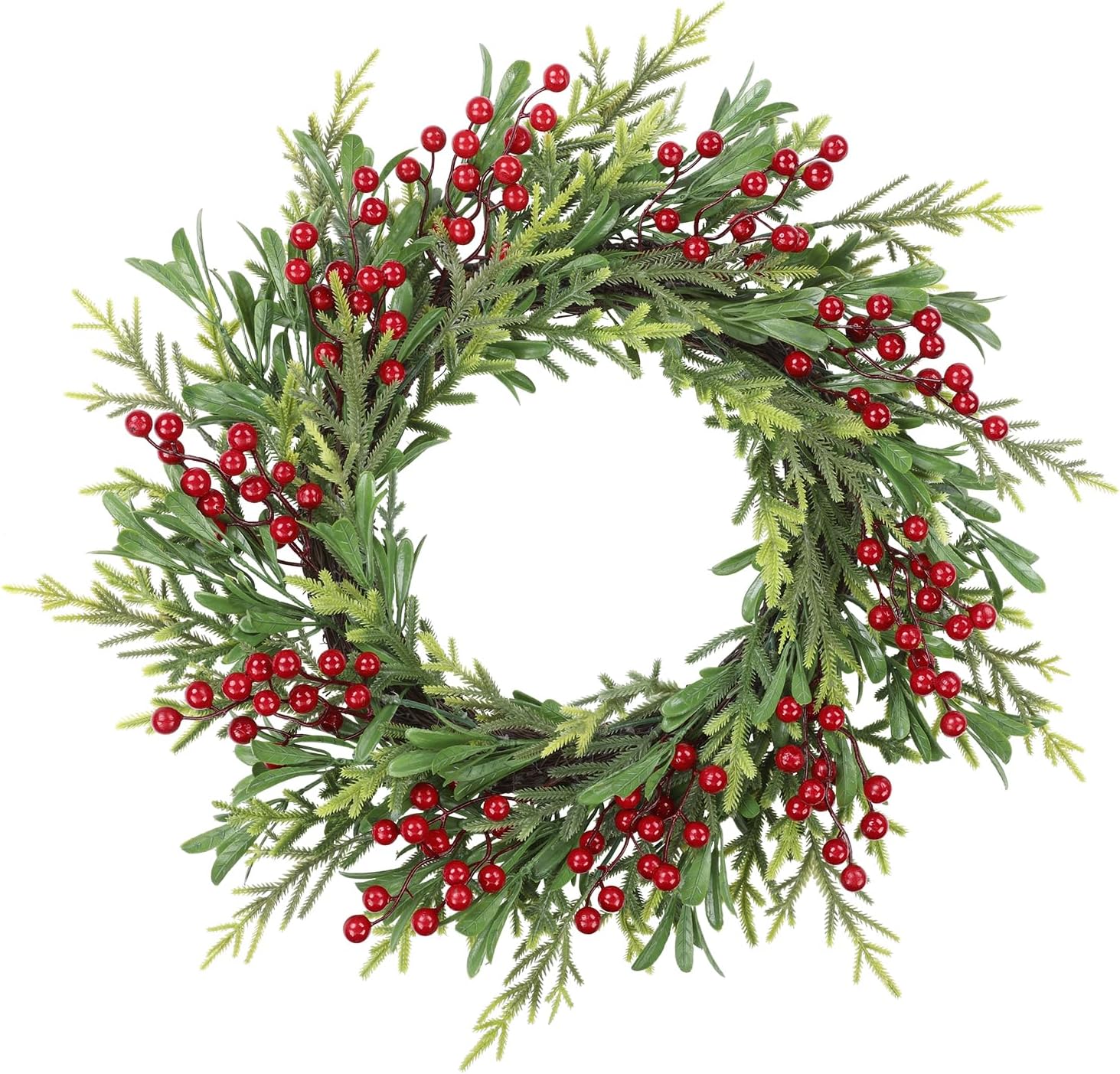 SHACOS Artificial Christmas Wreath 20" Winter Wreaths Pine Red Berries Christmas Wreaths Xmas Holly Berry Decoration for Front Door Window Party Holiday Wreath, Red Green Berry Green 20"