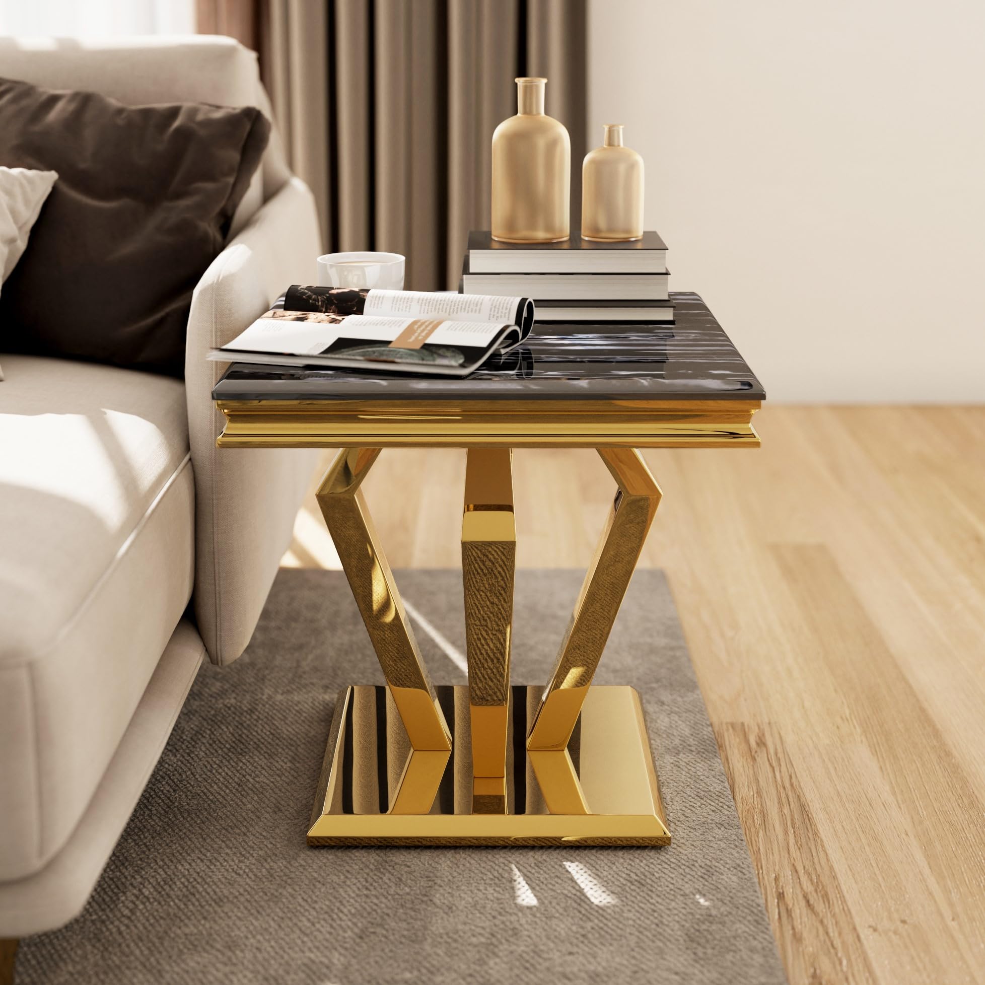 jajaplus Gold Side Table for Living Room, Black and Gold End Table, 22" Square Polished Luxury End Table with Geometric Base