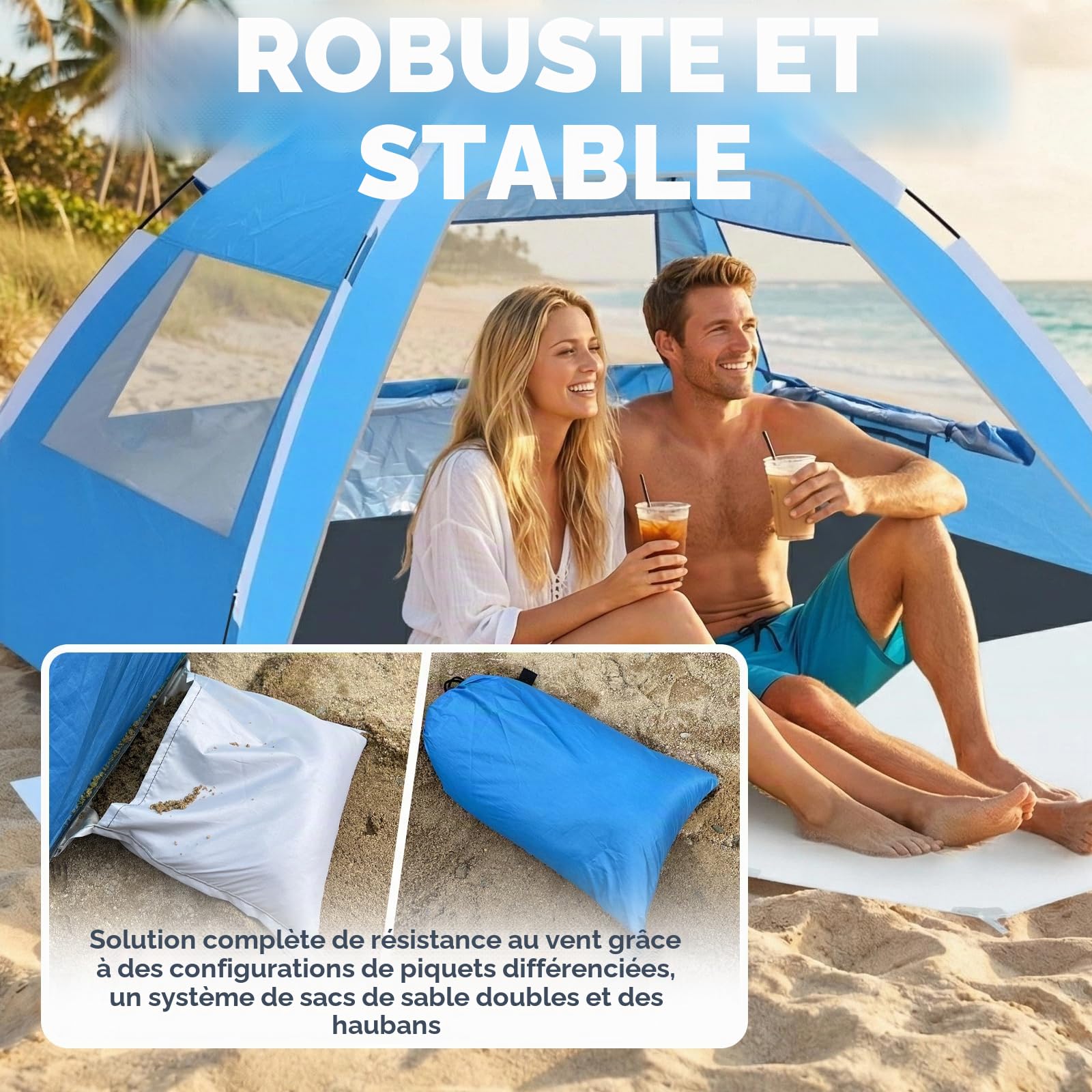 Chihee Abris de Plage Tente Solaire pour 2-3 Personnes avec Protection UV Tissu Enduit d'argent Maille Respirante Sacs de Sable supplémentaires,Léger Installation Facile Portable Auvent de Plage