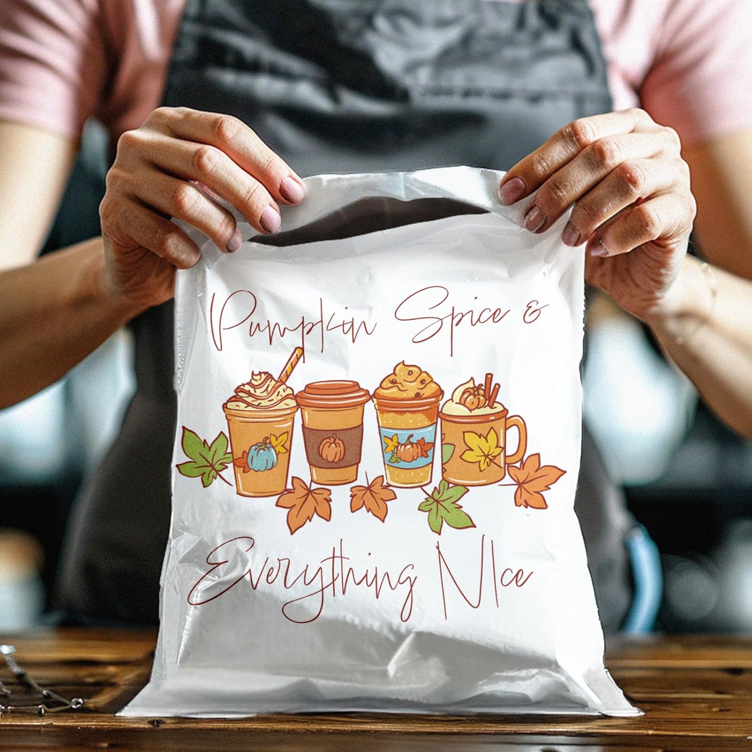 10x13 (100) Fall Poly Mailers - Pumpkin Spice Mailers - Thanks a Latte Fall Designer Waterproof Self Sealing Tear Resistant Polymailers Shipping Envelopes Premium Printed Bags For Small Businesses