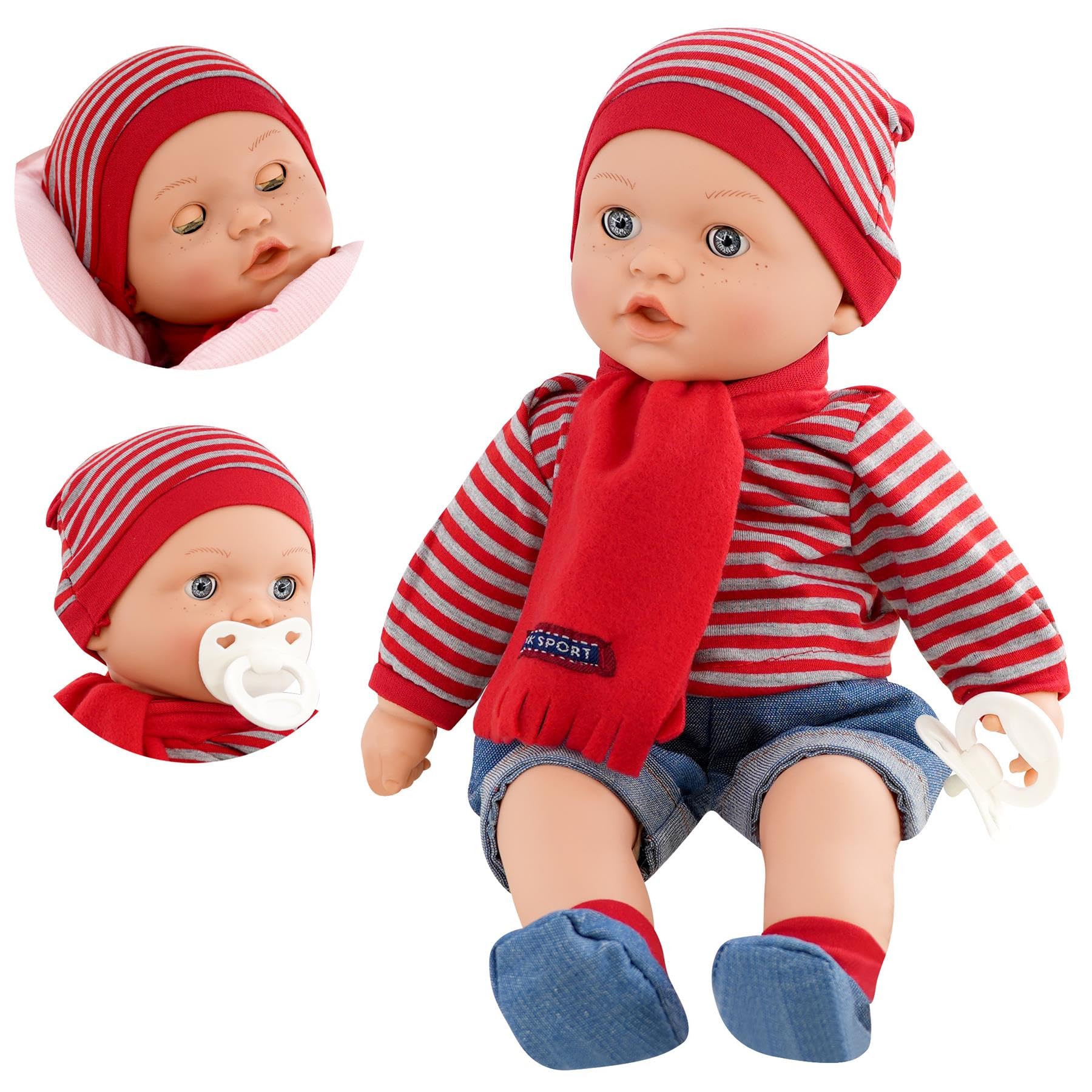 The Magic Toy Shop BiBi Doll 16-Inch Baby Doll with 16 Sounds, Dummy & Blinking Eyes – Realistic Newborn Boy with Soft Vinyl Limbs & Removable Red Outfit – for Boys & Girls Ages 18 Months+