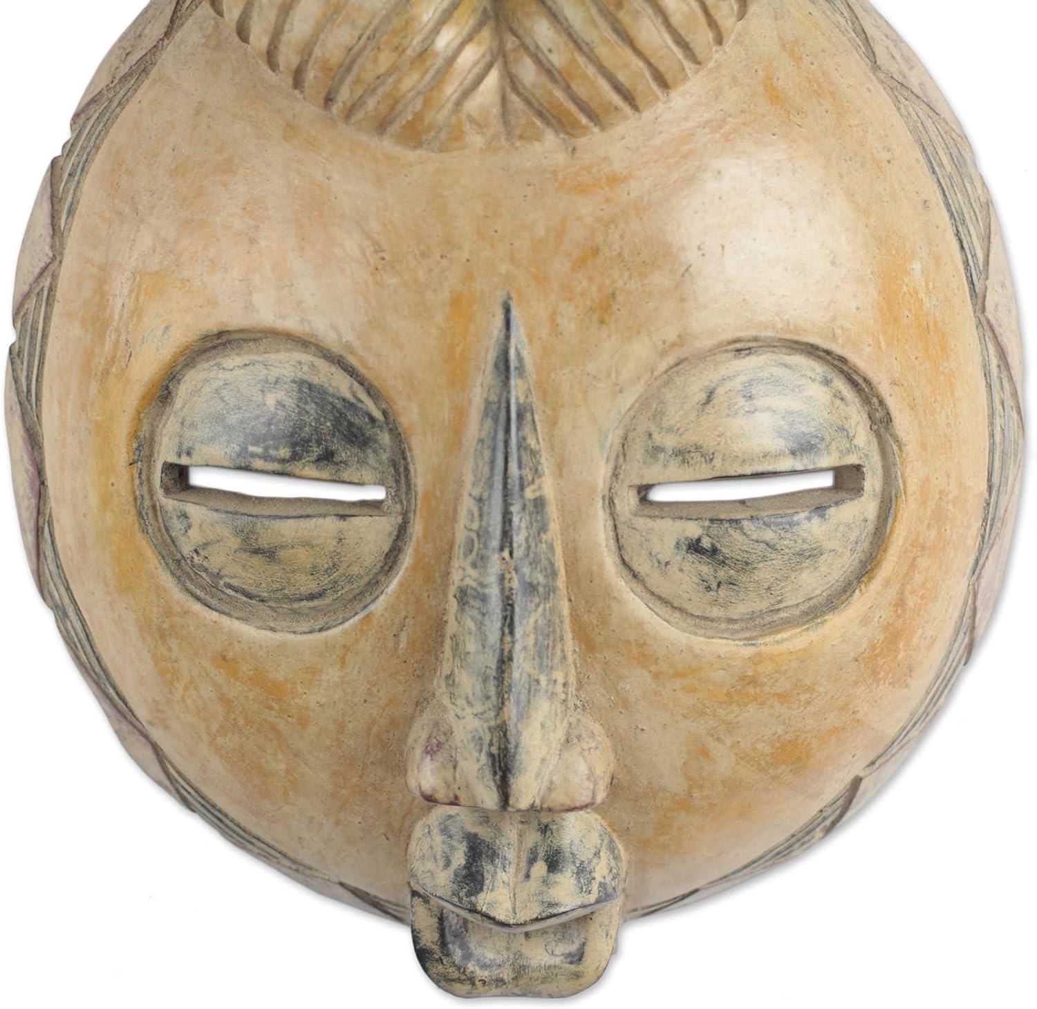 NOVICA Artisan Handmade African Wood Mask Yellow Sese with Horns from Ghana Masks Ghanaian [17.25in H x 9.5in W x 3.5in D] ' Yellow Gazelle'