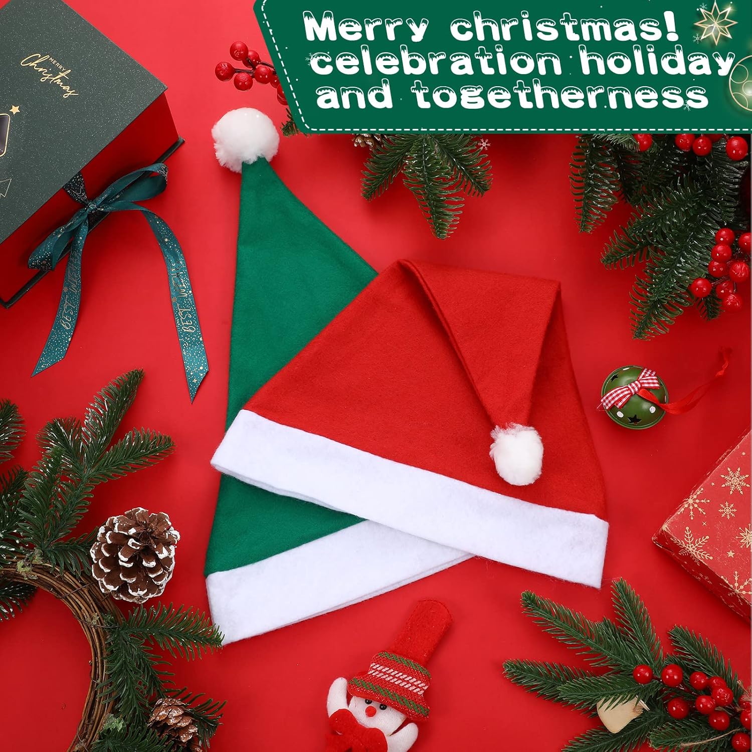 Vicenpal Santa Hats Bulk Christmas Party Non Woven Fabric Xmas Hats Christmas Holiday Costume Favor Supplies