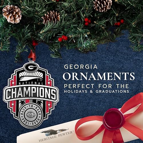 Miniatura 2 de Heritage Pewter Georgia Bulldogs 2022 - Adorno para el árbol de Navidad esculpido a mano con incrustaciones de metal de estaño de estaño de Alma