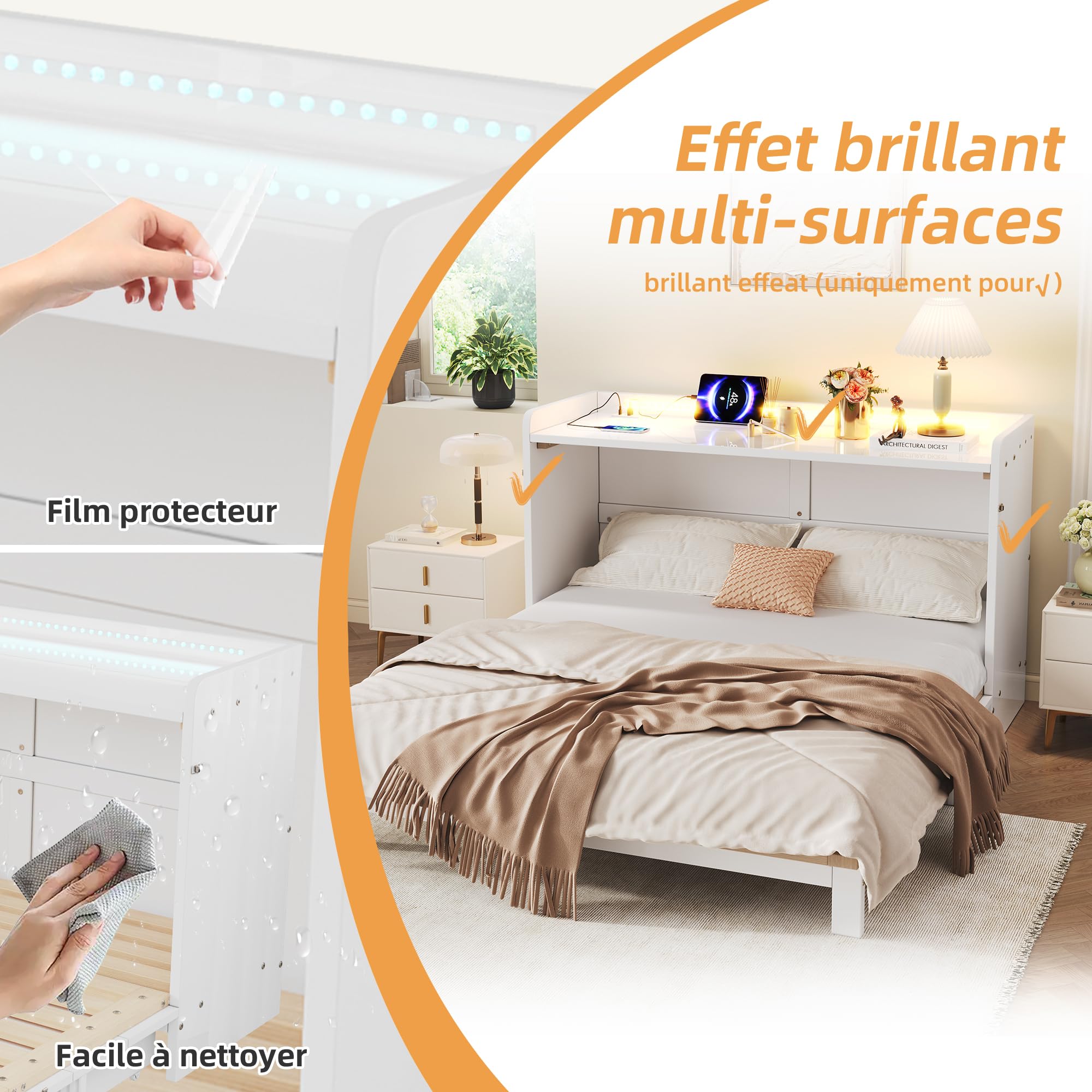 Armario cama, 140 x 200 cm, debajo de la cama se encuentran cajones, con USB y enchufe, barra de luz LED, con placa brillante, cama con plataforma transformable, sin colchón, blanco (140 x 200 cm