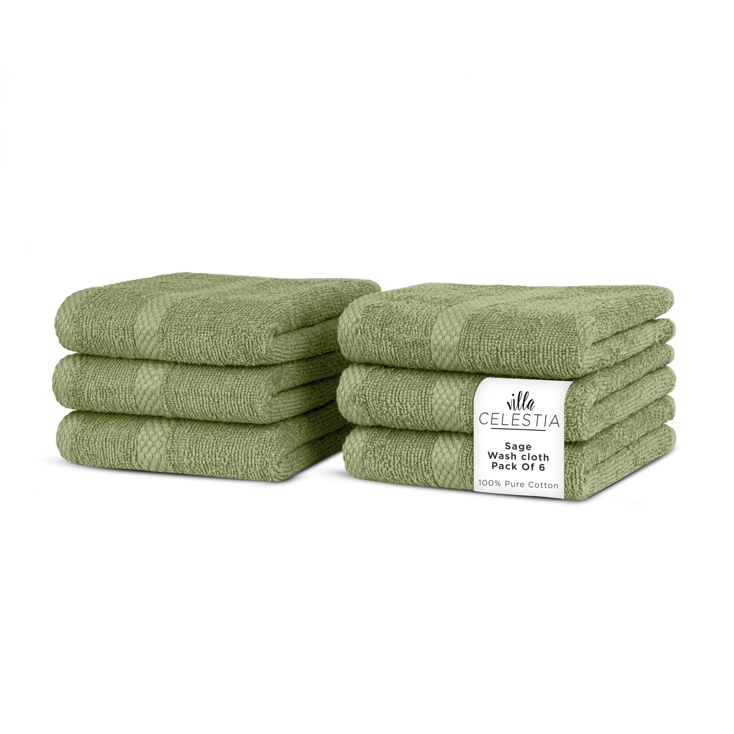 Villa Celestia Cotton Washcloths Set of 6, 12x12 Inch, 100% Ring-Spun Combed Cotton, Soft Absorbent Quick-Dry Wash Cloths for Face and Body, Oeko-TEX Certified, Hotel &amp; Spa Quality, Sage
