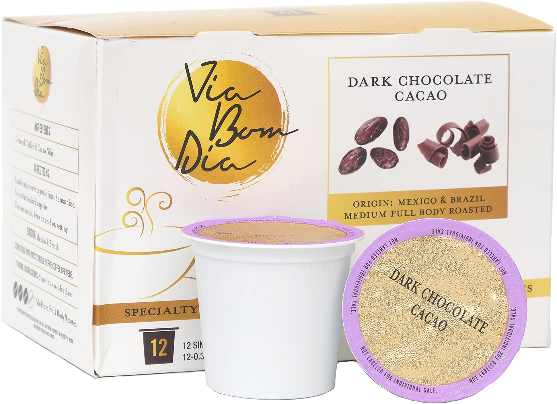 Via Bom Dia Naturally Flavored Kcup Coffee Pods, Dark Chocolate Flavor, 12 Count (Pack of 1), for Single-Serve Keurig Machines