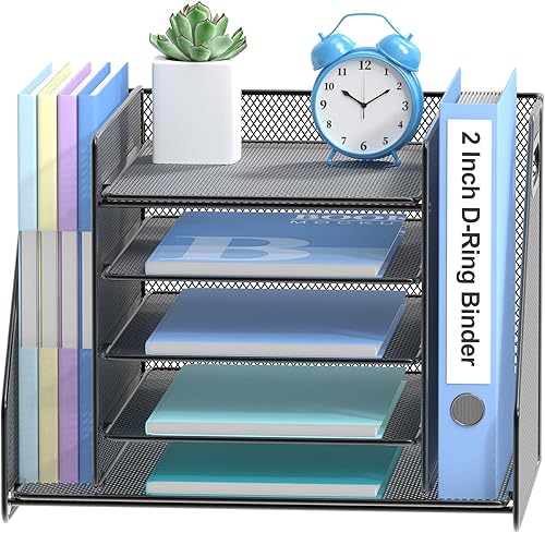 OUTWOLF Organizador de escritorio con 2 soportes verticales para archivadores, bandeja de papel de malla con estantes de 5 niveles para escritorio
