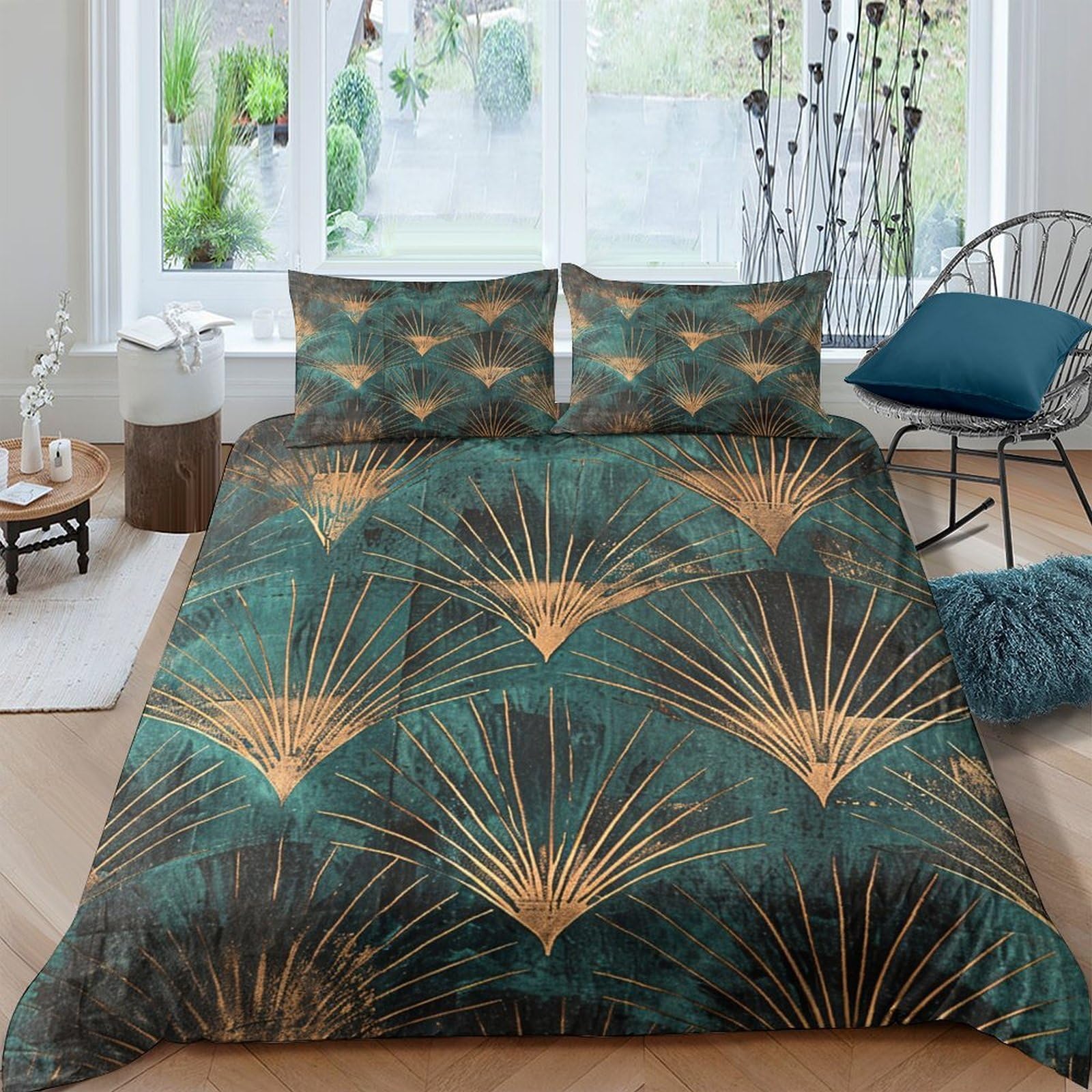 Ctjqhvkz Style-5 3D Printed Art Deco Fan Pattern Fitted Sheet Microfiber Golden Green Mattress Cover Bedroom Decor Protection Single（135X200cm）