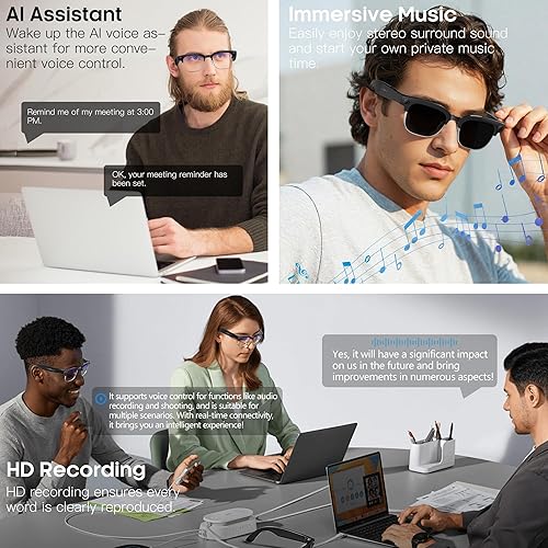 Miniatura 5 de Lentes inteligentes AI con cámara de 8 MP, foto 4K/video 1080P, grabación antivibración, música de 12 horas y llamadas Bluetooth, traducción en