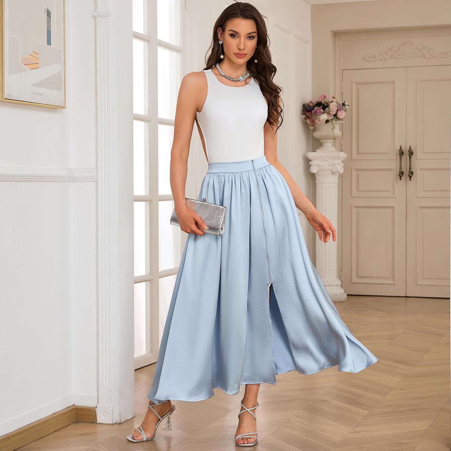 Zip Wrap Skirt with Pockets Elastic Waist Slit Satin Maxi A-Line Flowy Skirt Formal Work Wedding Guest Cocktail Party