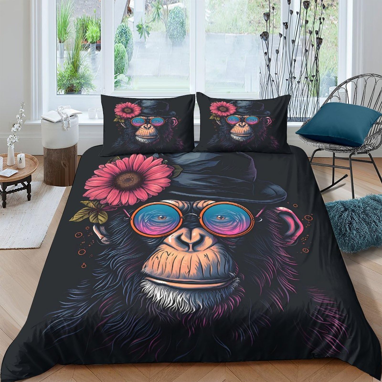 Ctjqhvkz Style-2 3D Printed Funky Monkey Fitted Sheet Microfiber Soft Breathable Flower Sunglasses Bed Cover For Bedroom Dorm Decor Single（135X200cm）