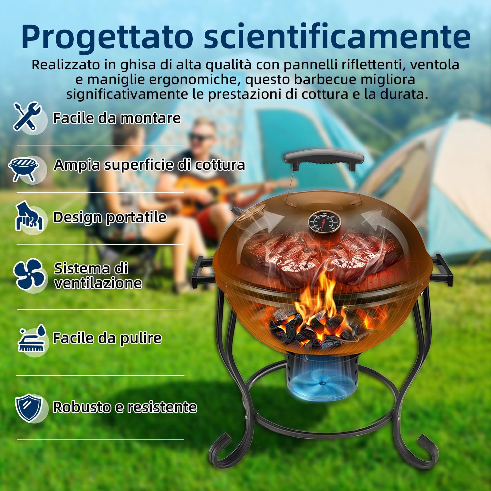 Barbecue Carbonella Portatile da 17" con Termometro Integrato, Presa d'aria Regolabile e Ventola Regolabile, Barbecue a Legna da Esterno per Campeggio, Tailgating e Cucina all'aperto