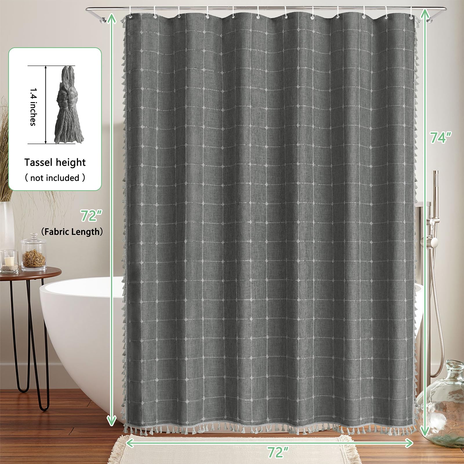Rideau de douche en tissu robuste texturé en lin de style bohème et moderne avec glands, pour salle de bain, imperméable, 183 x 183 cm, gris anthracite