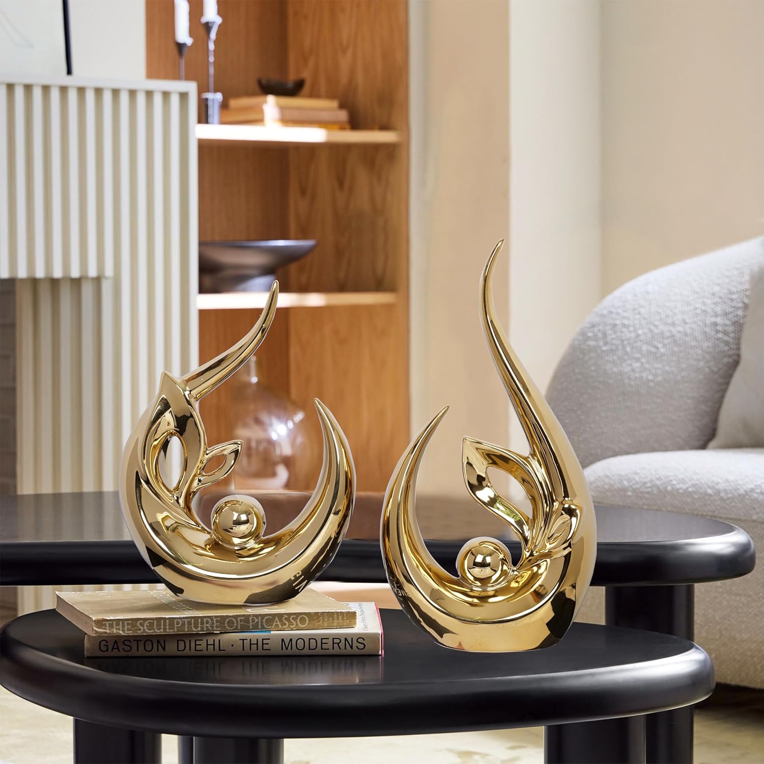 Dlfghos 2 PCS Gold Home Decor Accent Ceramic Statue Abstract Sculptures Centerpieces Mid Century Modern Decor for Tables Coffee Table top Decorations for Living Room Desktop Shelf Dining Room Kitchen