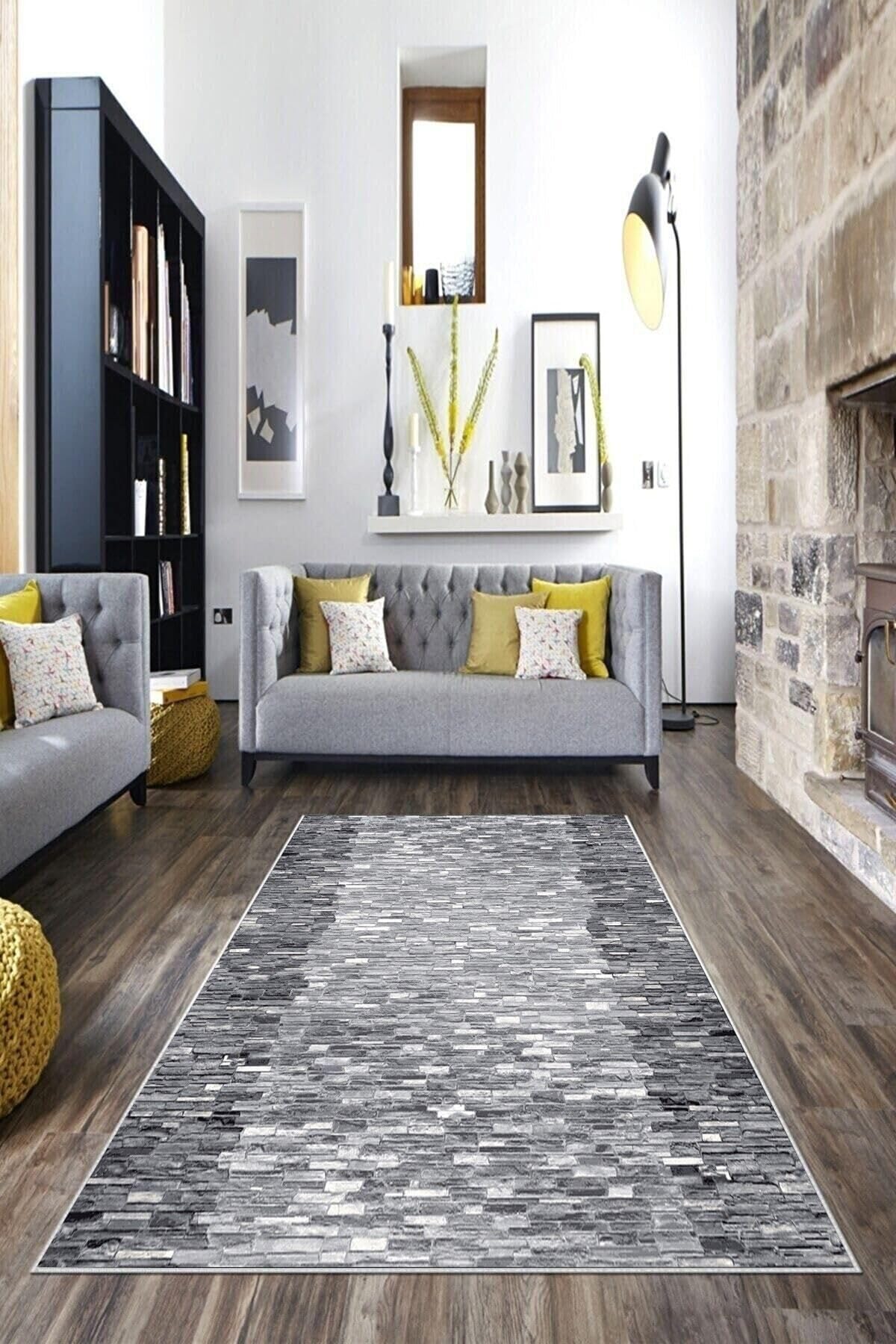 Pelangi Gri Taş Desenli Yıkanabilir Kaymaz Taban Leke Tutmaz Modern Salon Halısı Ve Yolluk, Gri-Beyaz 160 x 240, 135817616024005