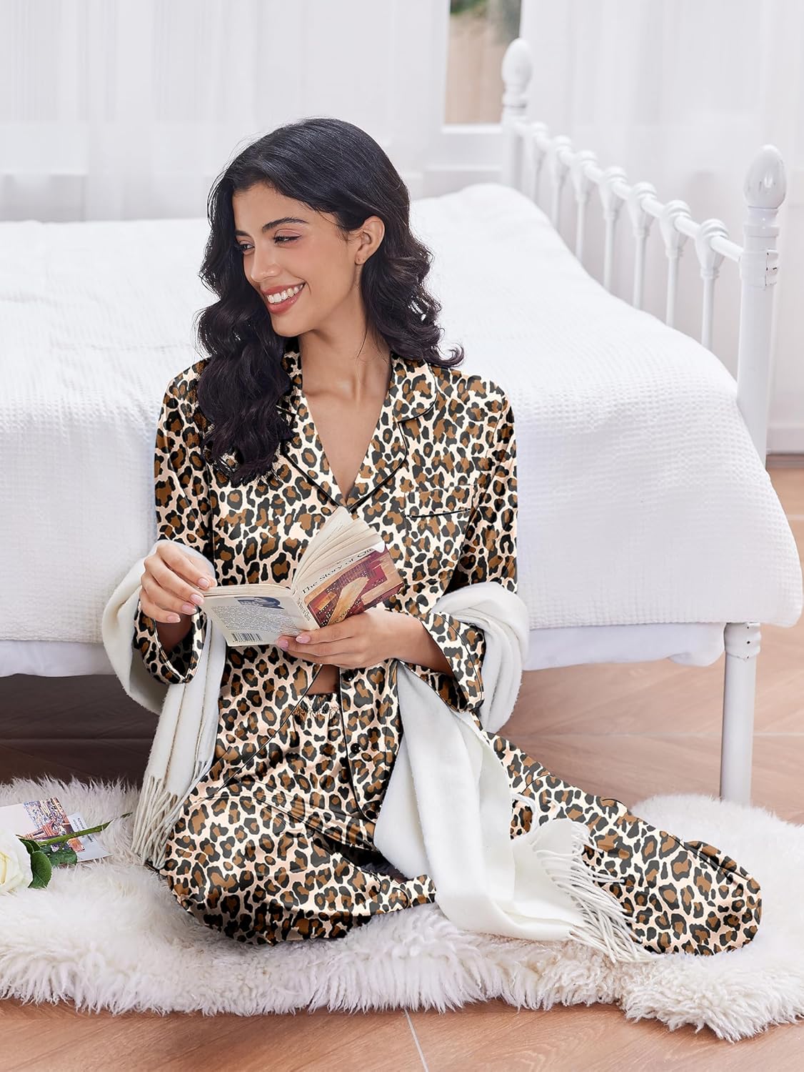 Ekouaer 2 Pack Satin Pajamas Set for Women Classic Button Down Silk Pjs Set Soft Sleepwear - Image 4