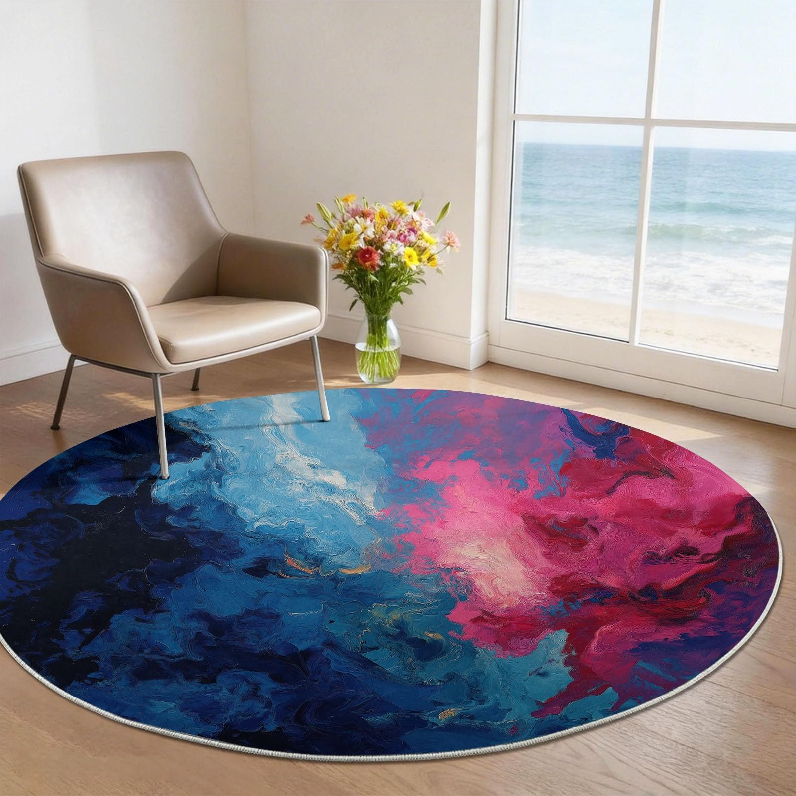 Tapis Rond Bleu Rose 150 cm, Tapis de Sol Lavable et Antidérapant Doux et Moelleux Bloc Couleur Dynamique, Impressionniste Décoration pour Chambre d'enfant Bureau à Domicile Salle de Jeu Chambre