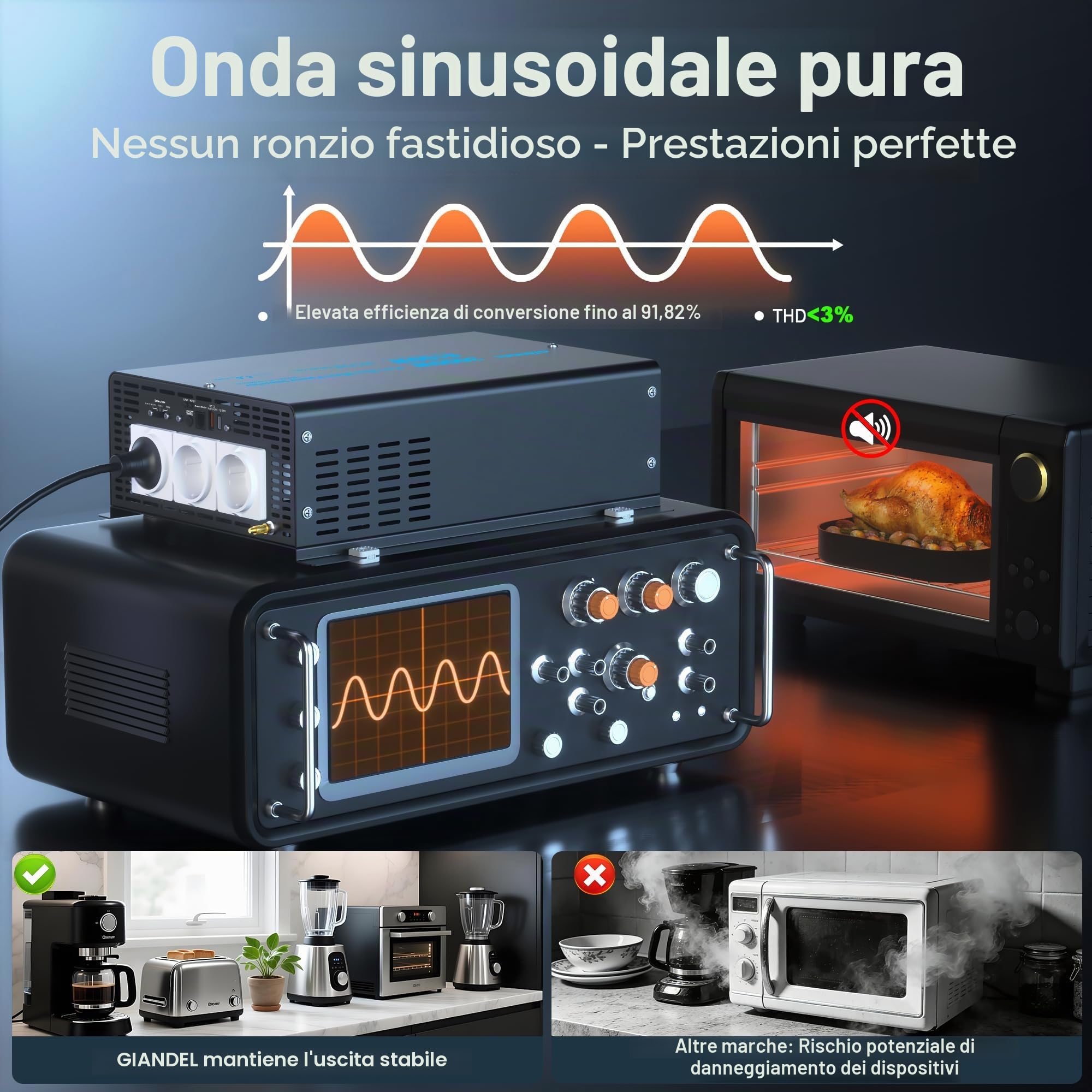 GIANDEL 3000W Inverter Onda Sinusoidale Pura 12V a 230V per RV e Off-Grid | Convertitore di tensione con picco 6100W, telecomando LED e tensione regolabile per elettrodomestici, casa, camper e solare